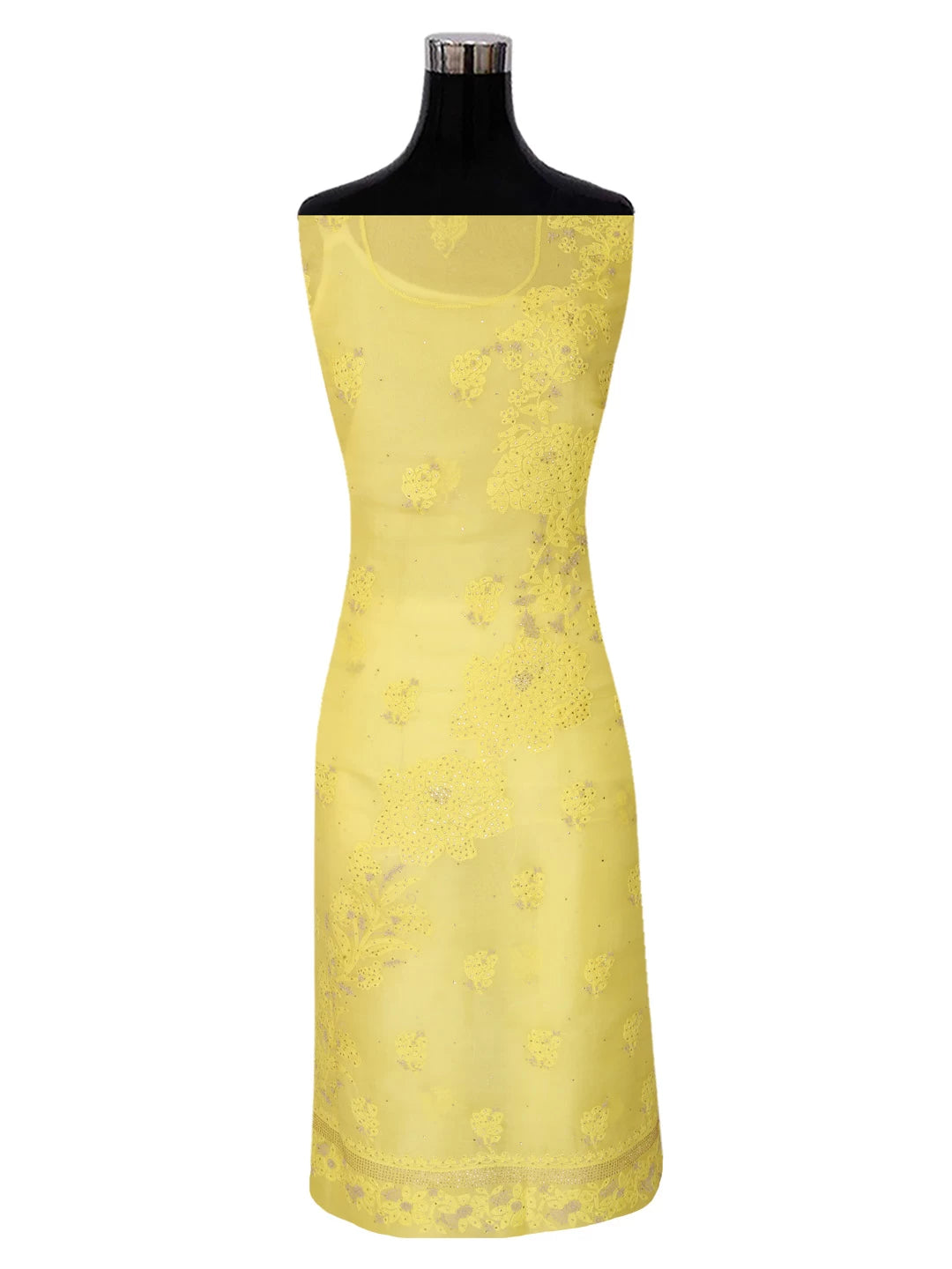 Ada Hand Embroidered Yellow Organza Lucknowi Chikankari Unstitched Kurta Dupatta Set With Mukaish Work 01A376298