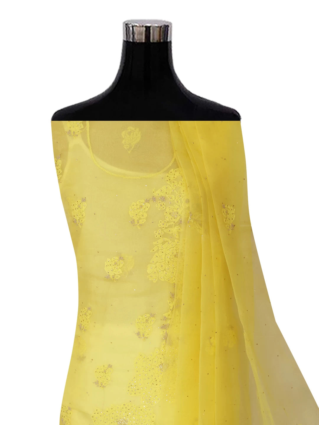 Ada Hand Embroidered Yellow Organza Lucknowi Chikankari Unstitched Kurta Dupatta Set With Mukaish Work 01A376298