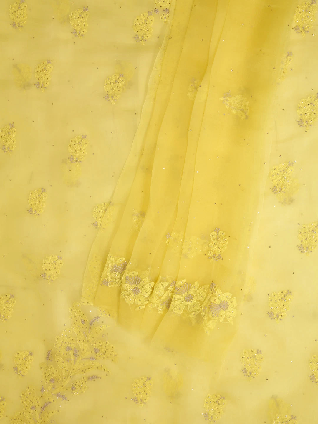 Ada Hand Embroidered Yellow Organza Lucknowi Chikankari Unstitched Kurta Dupatta Set With Mukaish Work 01A376298