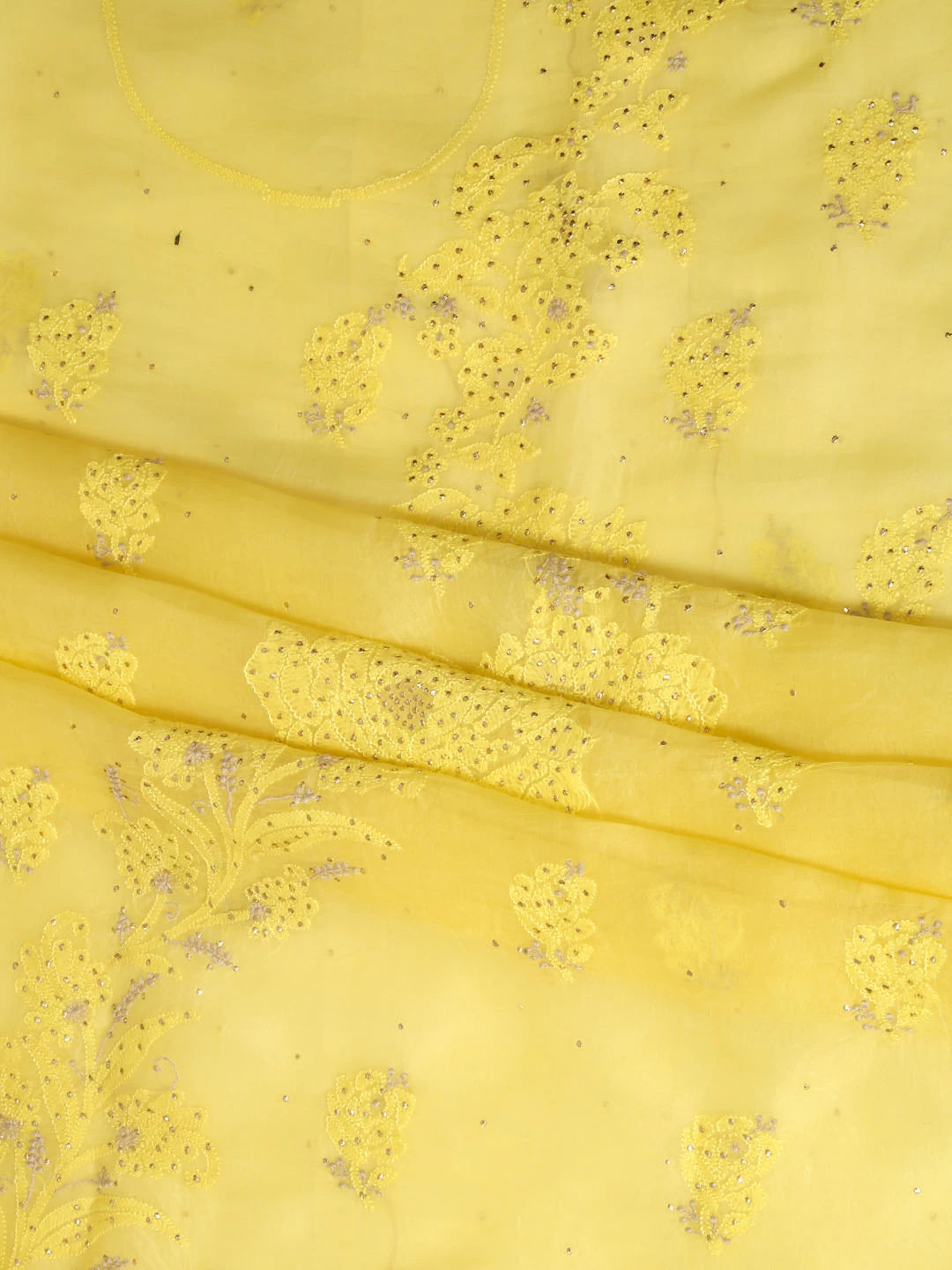 Ada Hand Embroidered Yellow Organza Lucknowi Chikankari Unstitched Kurta Dupatta Set With Mukaish Work 01A376298