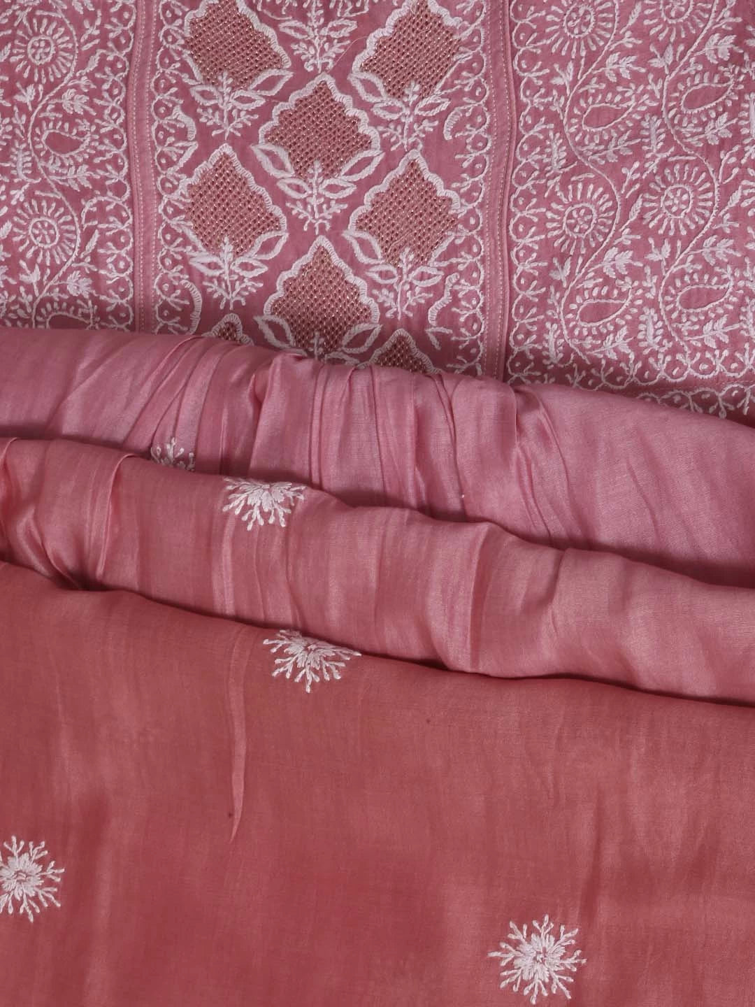 Ada Hand Embroidered Dusty Pink Ombre Shade Chanderi Lucknowi Chikankari Semi-Stitched Kurta Dupatta Set 01A229768