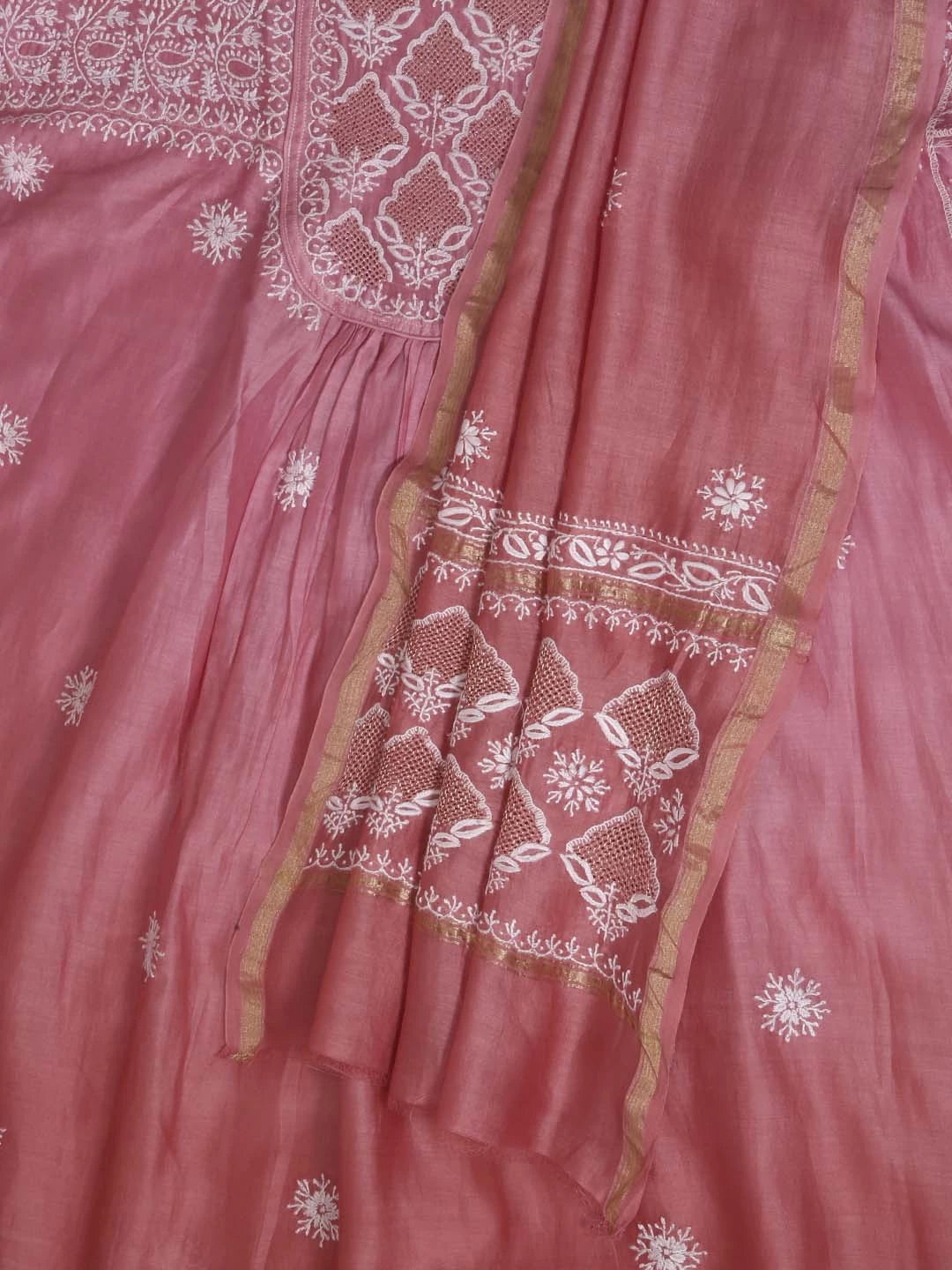 Ada Hand Embroidered Dusty Pink Ombre Shade Chanderi Lucknowi Chikankari Semi-Stitched Kurta Dupatta Set 01A229768