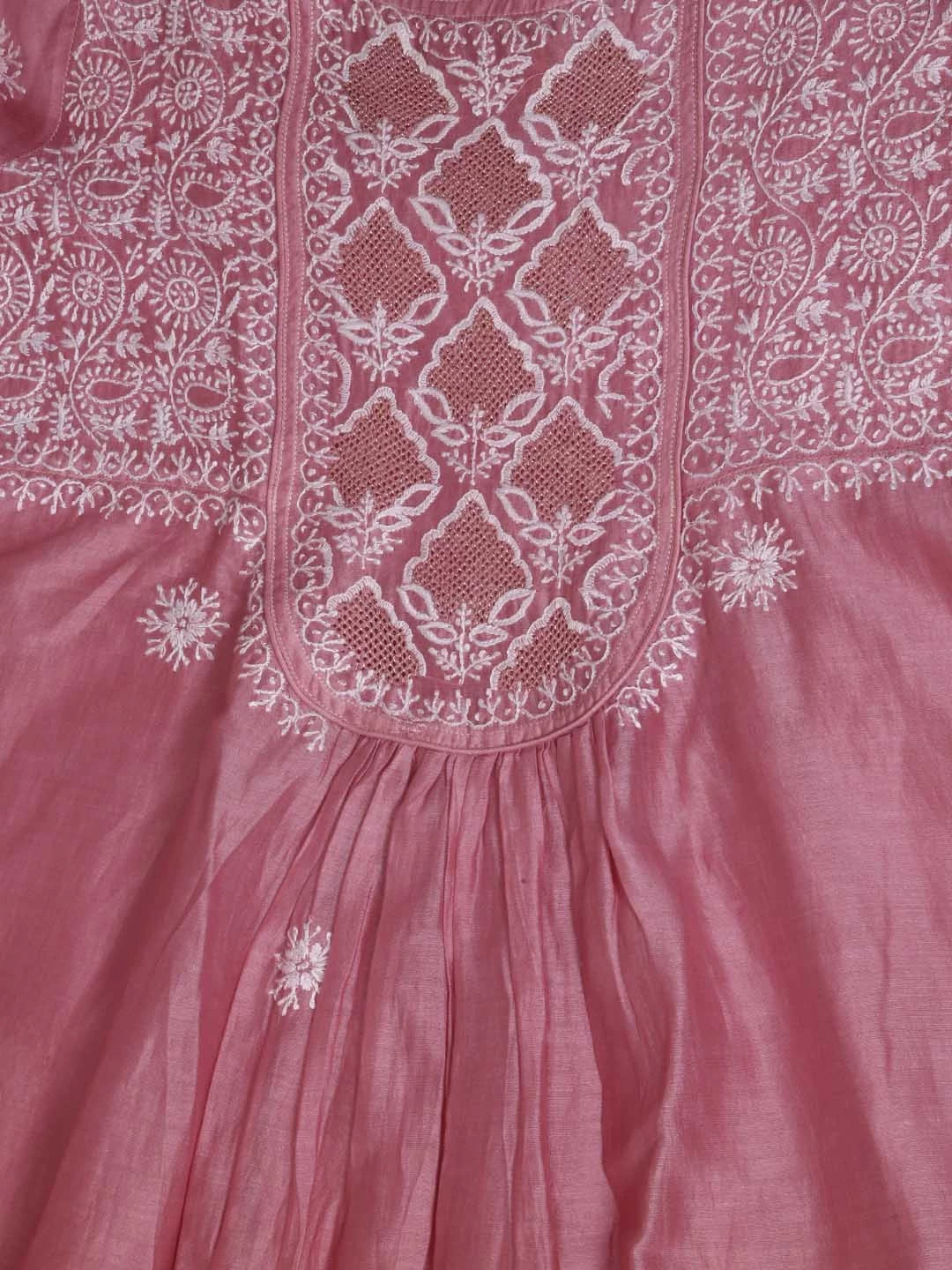 Ada Hand Embroidered Dusty Pink Ombre Shade Chanderi Lucknowi Chikankari Semi-Stitched Kurta Dupatta Set 01A229768