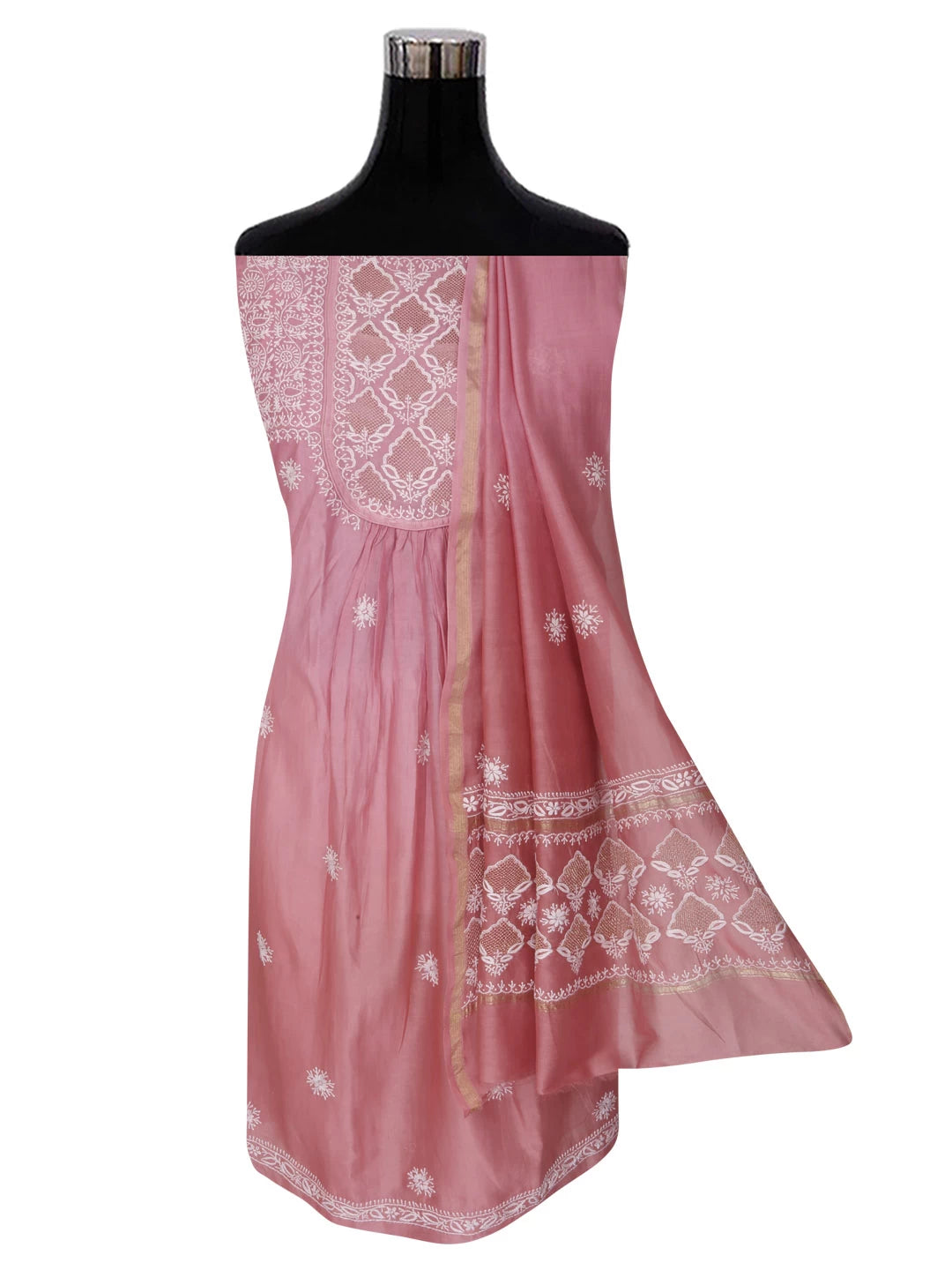Ada Hand Embroidered Dusty Pink Ombre Shade Chanderi Lucknowi Chikankari Semi-Stitched Kurta Dupatta Set 01A229768