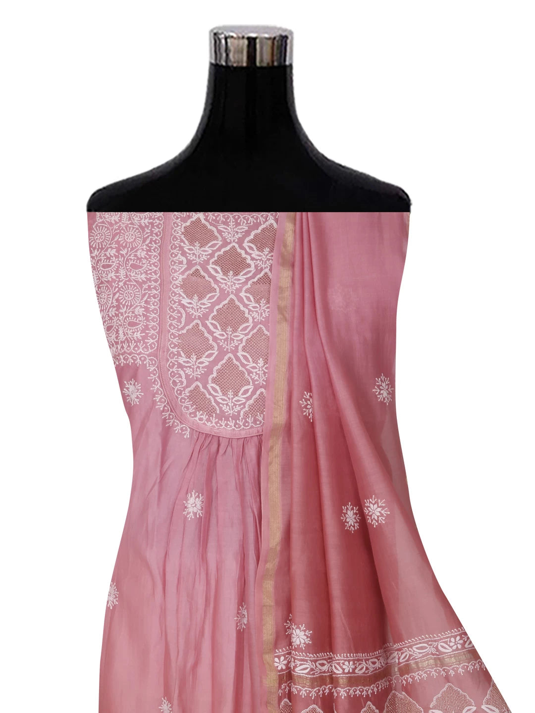 Ada Hand Embroidered Dusty Pink Ombre Shade Chanderi Lucknowi Chikankari Semi-Stitched Kurta Dupatta Set 01A229768
