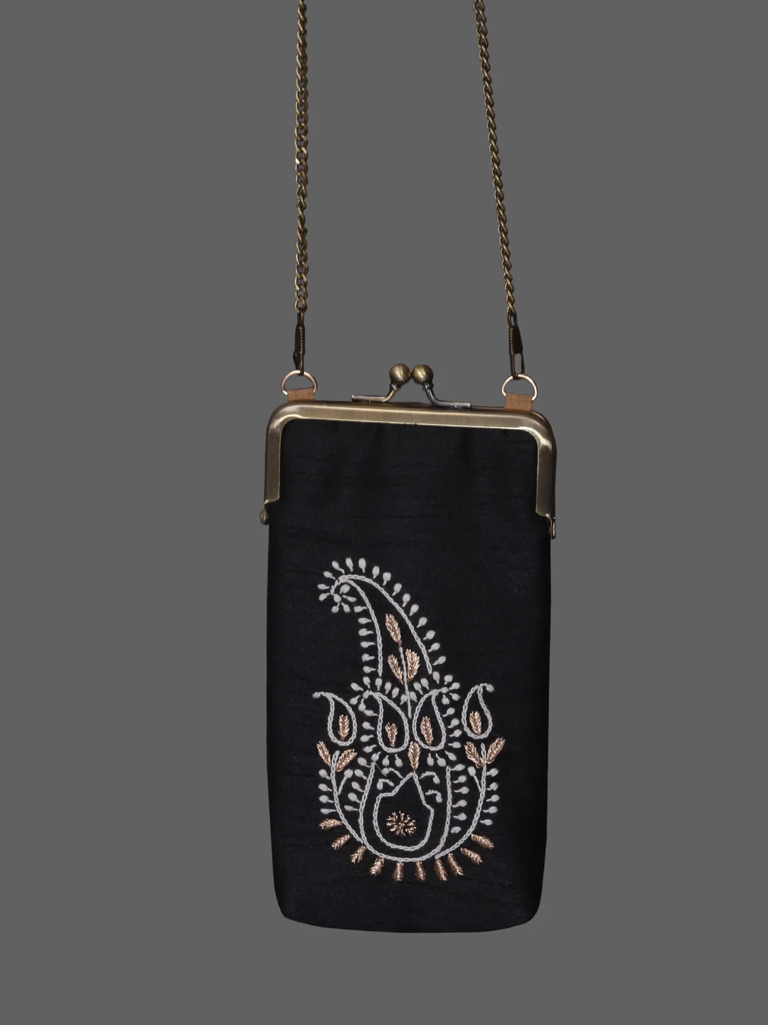 Ada Hand Embroidered Black Silk Lucknowi Chikankari Mobile Pouch With Zari Work 01A384602