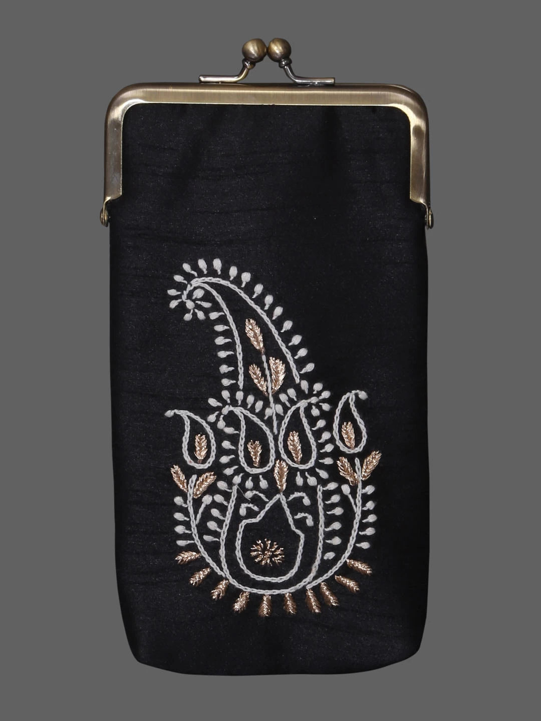 Ada Hand Embroidered Black Silk Lucknowi Chikankari Mobile Pouch With Zari Work 01A384602