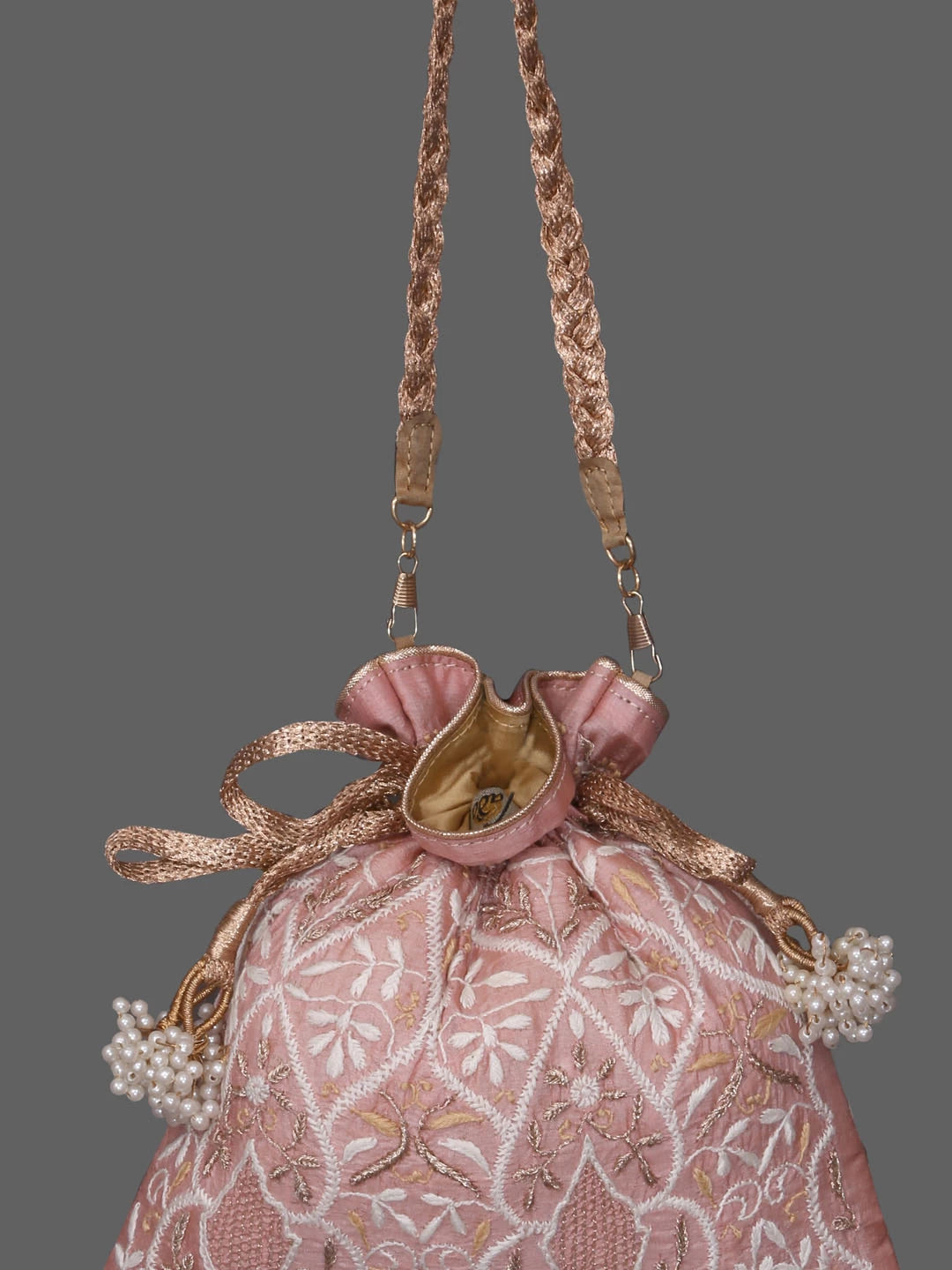 Ada Hand Embroidered Pastel Peach Silk Lucknowi Chikankari Potli Bag With Zari Work 01A410767