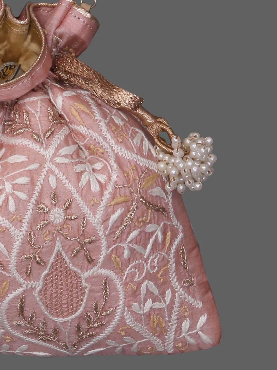 Ada Hand Embroidered Pastel Peach Silk Lucknowi Chikankari Potli Bag With Zari Work 01A410767