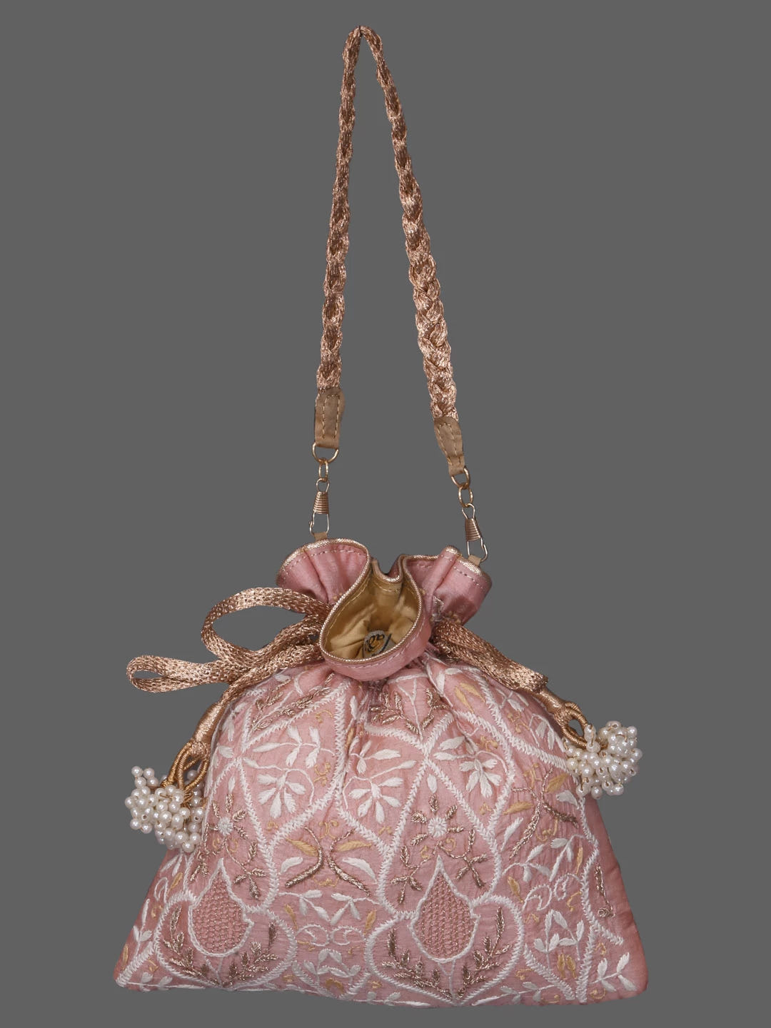 Ada Hand Embroidered Pastel Peach Silk Lucknowi Chikankari Potli Bag With Zari Work 01A410767