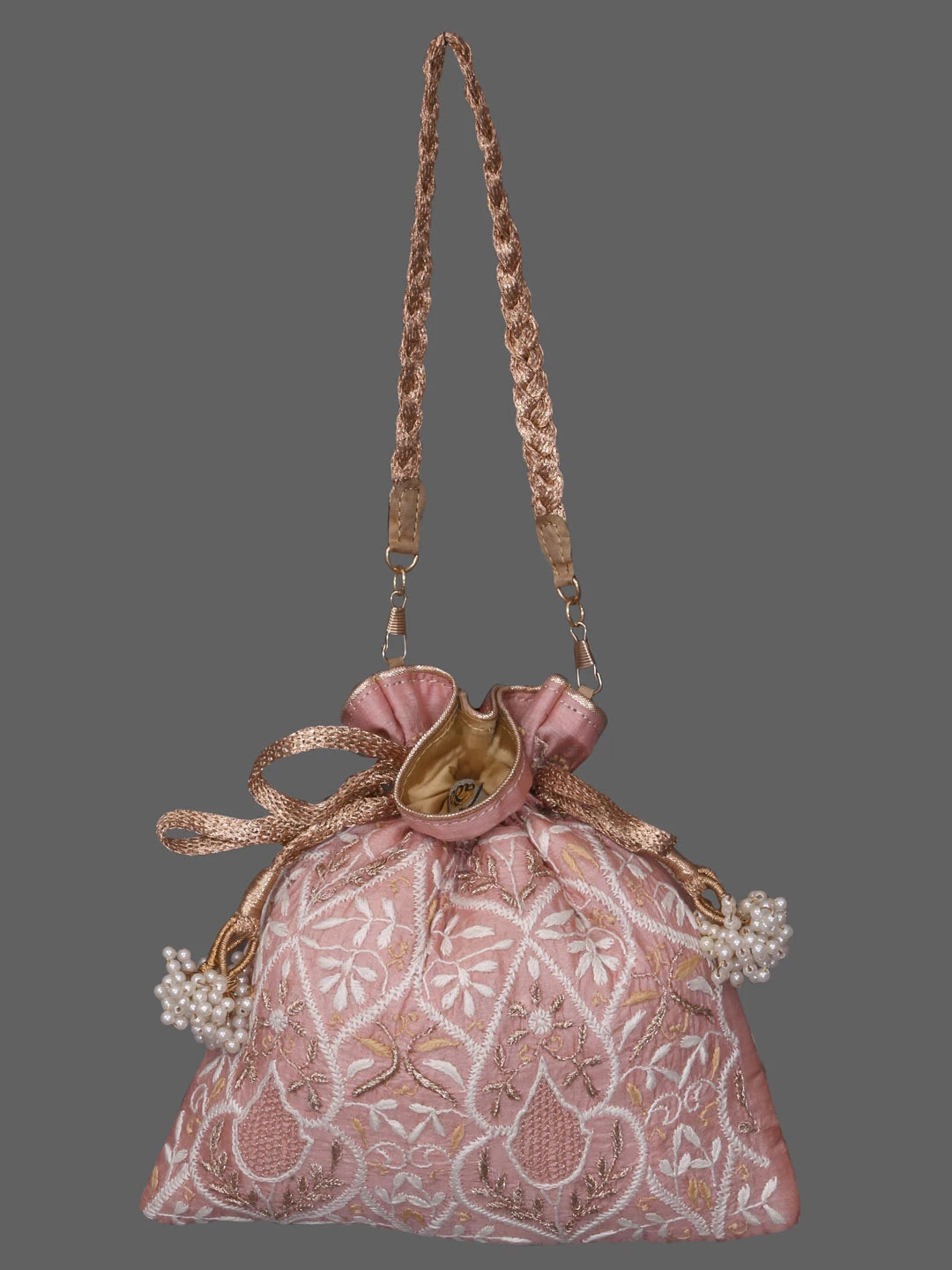 Ada Hand Embroidered Pastel Peach Silk Lucknowi Chikankari Potli Bag With Zari Work 01A410767