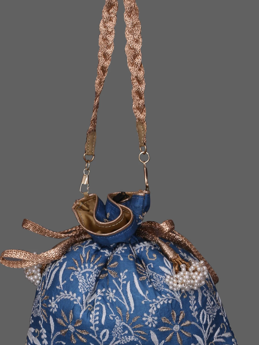 Ada Hand Embroidered Celadon Blue Silk Lucknowi Chikankari Potli Bag With Zari Work 01A410768