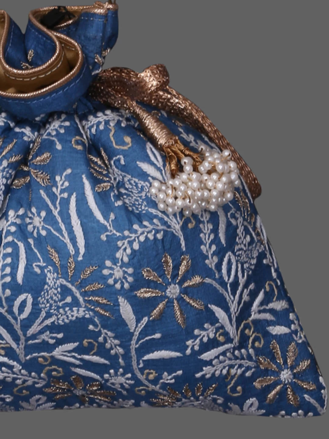 Ada Hand Embroidered Celadon Blue Silk Lucknowi Chikankari Potli Bag With Zari Work 01A410768