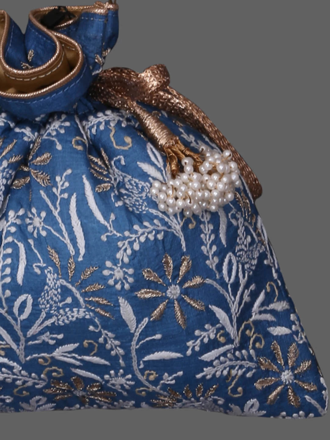 Ada Hand Embroidered Celadon Blue Silk Lucknowi Chikankari Potli Bag With Zari Work 01A410768