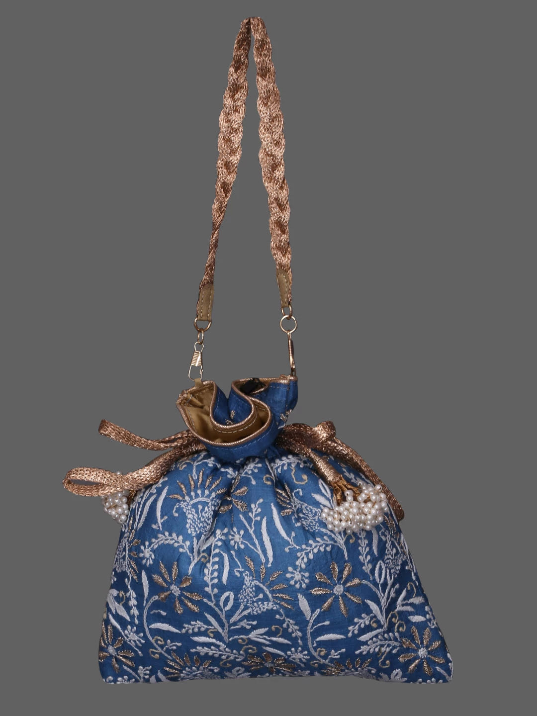 Ada Hand Embroidered Celadon Blue Silk Lucknowi Chikankari Potli Bag With Zari Work 01A410768