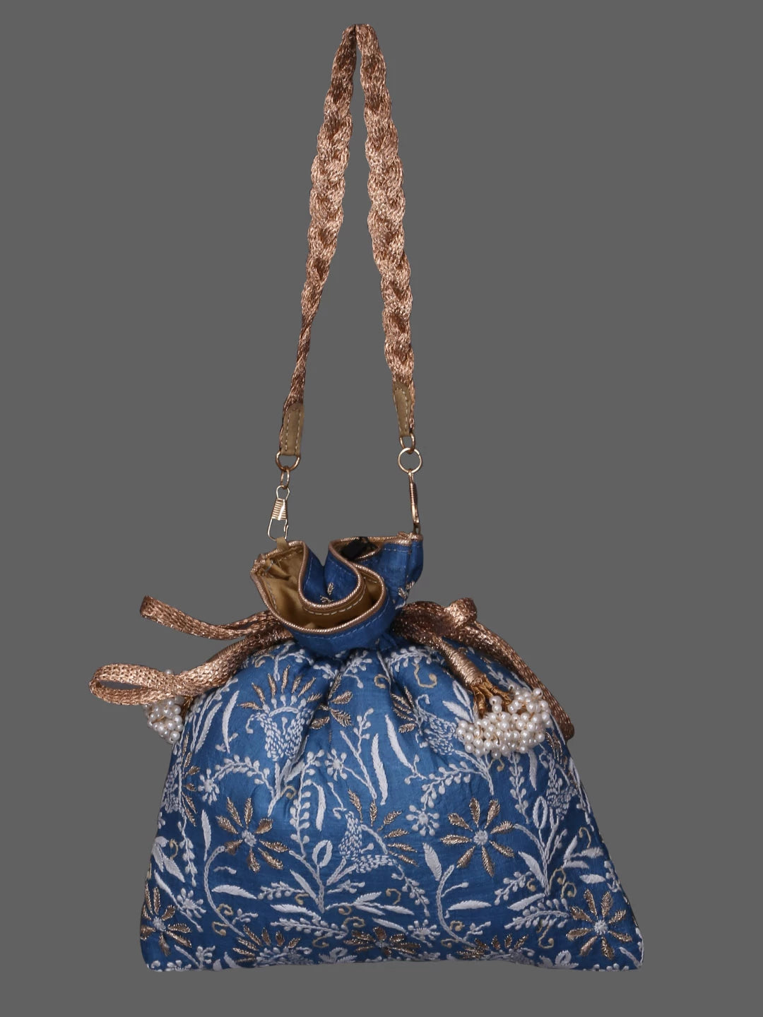 Ada Hand Embroidered Celadon Blue Silk Lucknowi Chikankari Potli Bag With Zari Work 01A410768