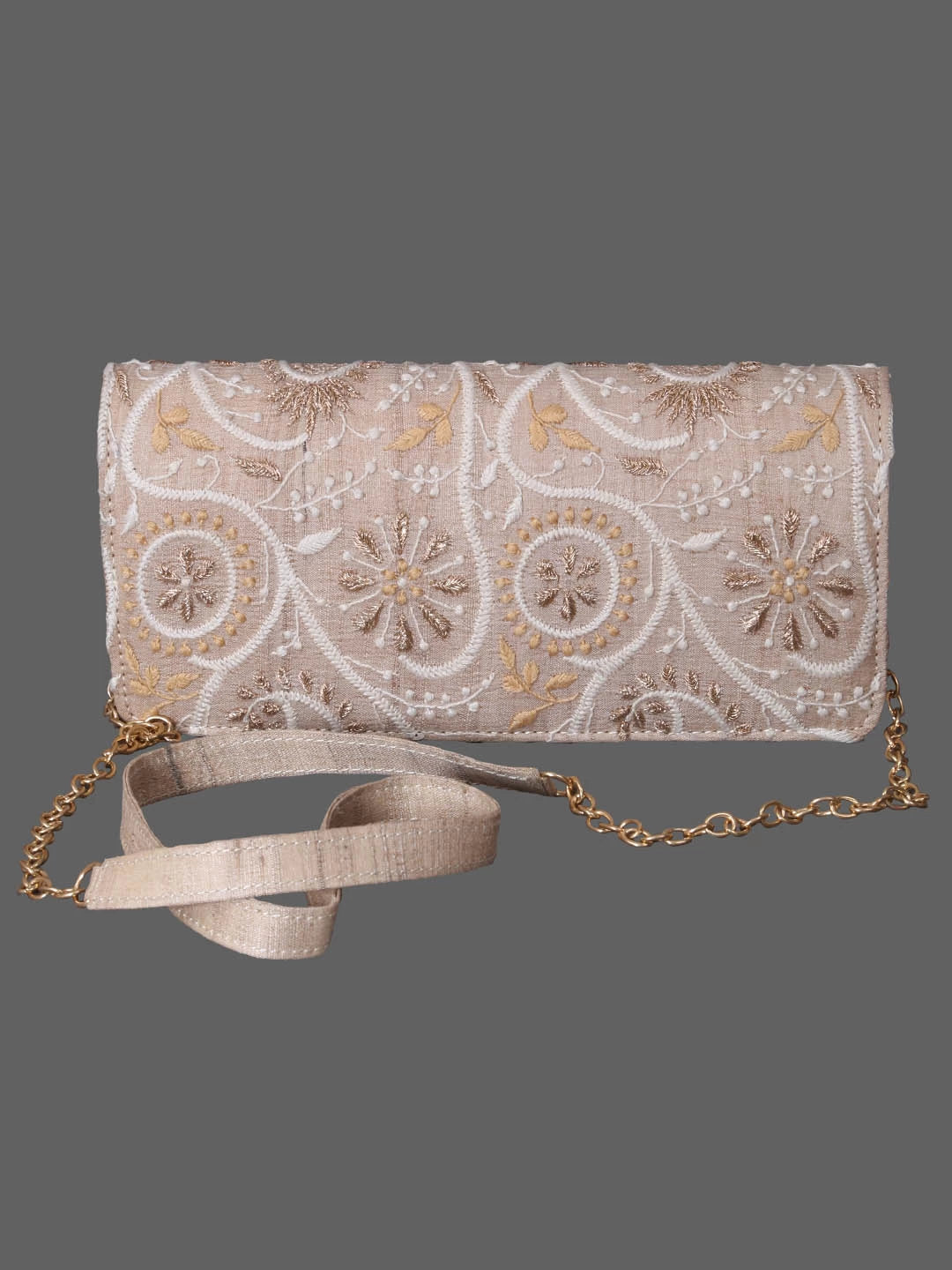 Ada Hand Embroidered Fawn Silk Lucknowi Chikankari Clutch With Zari Work 01A410806