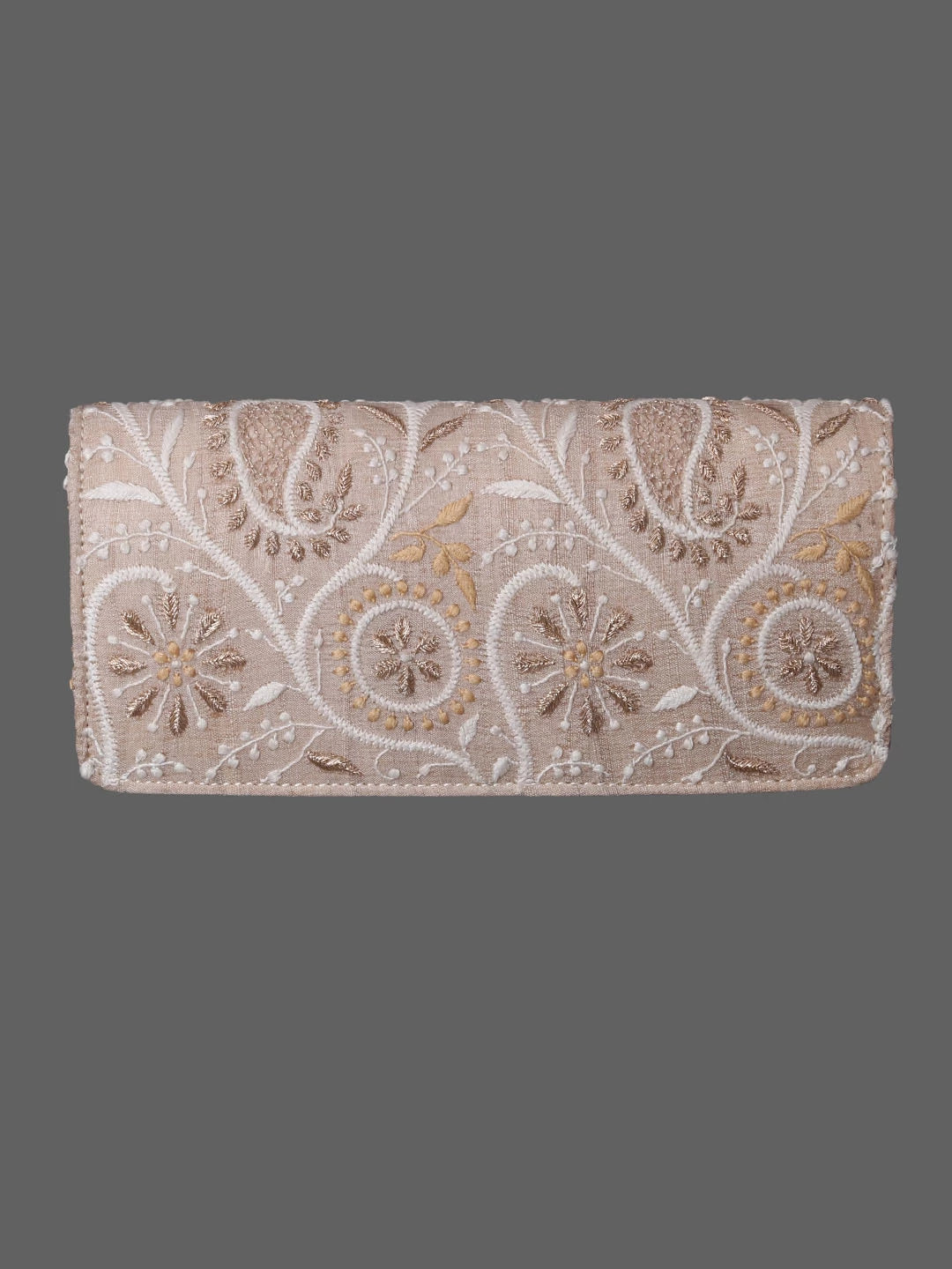 Ada Hand Embroidered Fawn Silk Lucknowi Chikankari Clutch With Zari Work 01A410806