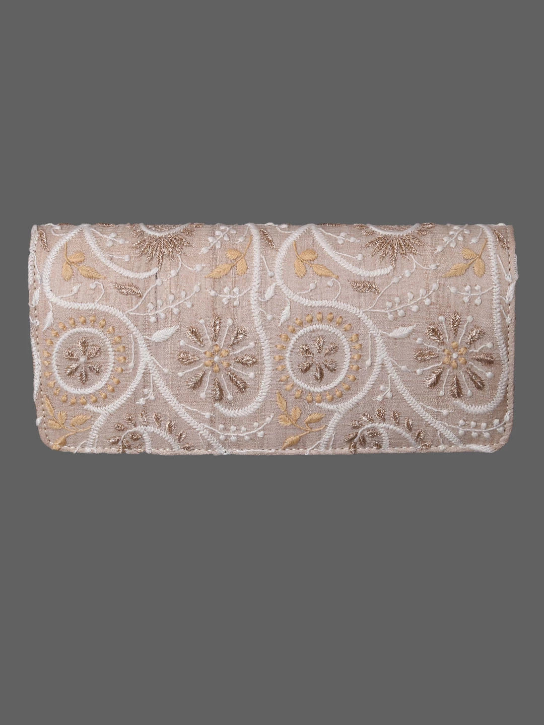 Ada Hand Embroidered Fawn Silk Lucknowi Chikankari Clutch With Zari Work 01A410806