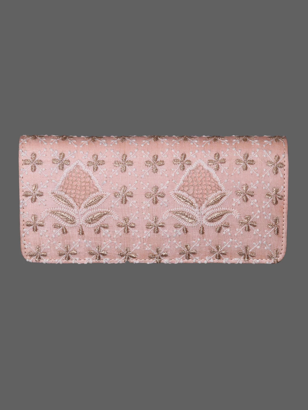 Ada Hand Embroidered Peach Silk Lucknowi Chikankari Clutch With Zari Work 01A410800