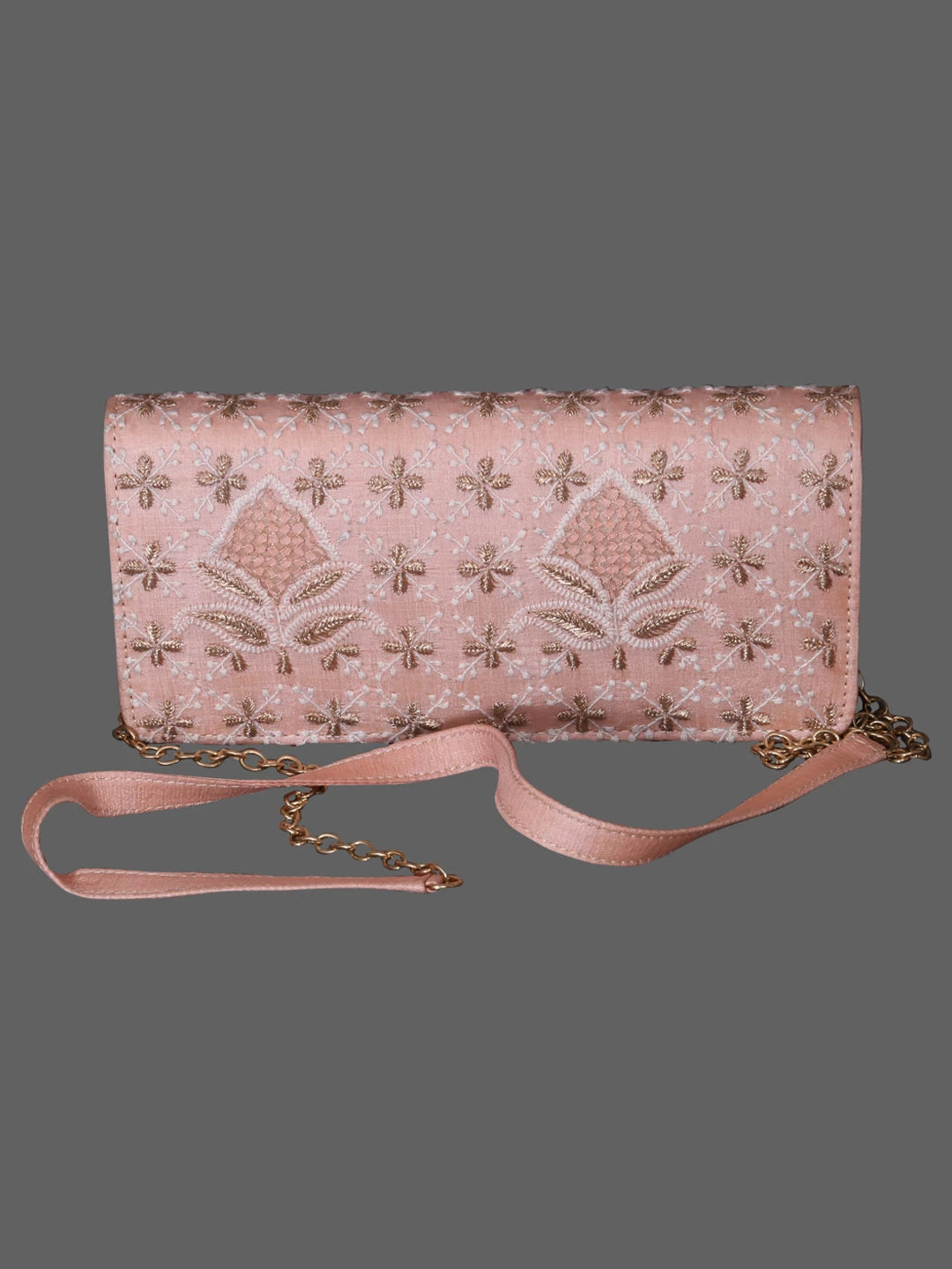 Ada Hand Embroidered Peach Silk Lucknowi Chikankari Clutch With Zari Work 01A410800