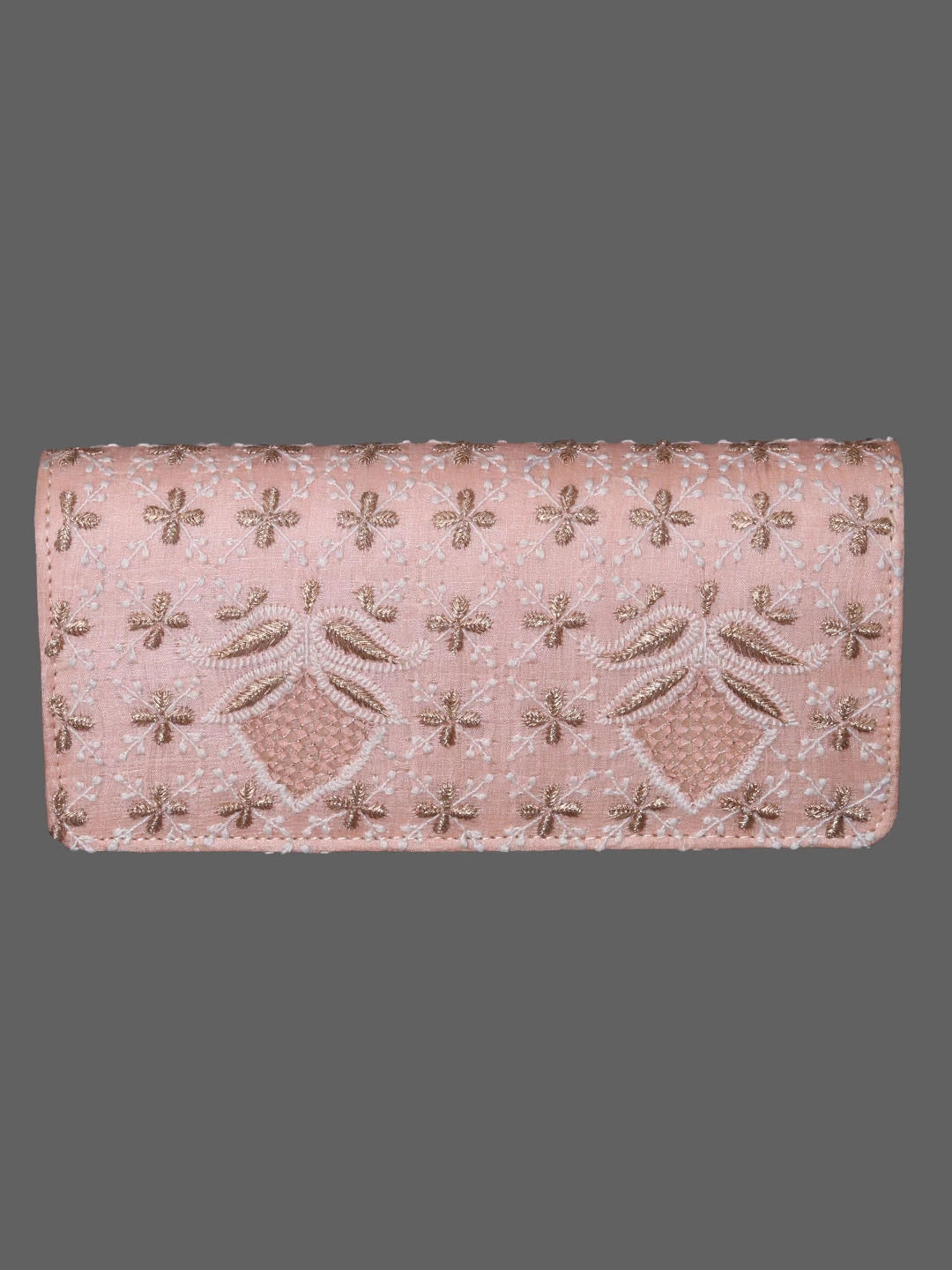 Ada Hand Embroidered Peach Silk Lucknowi Chikankari Clutch With Zari Work 01A410800