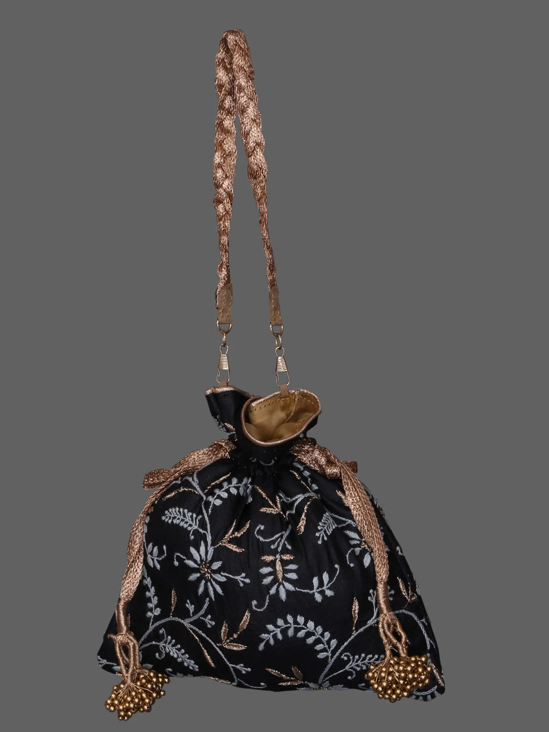Ada Hand Embroidered Matte Black Silk Lucknowi Chikankari Potli Bag With Zari Work 01A410764