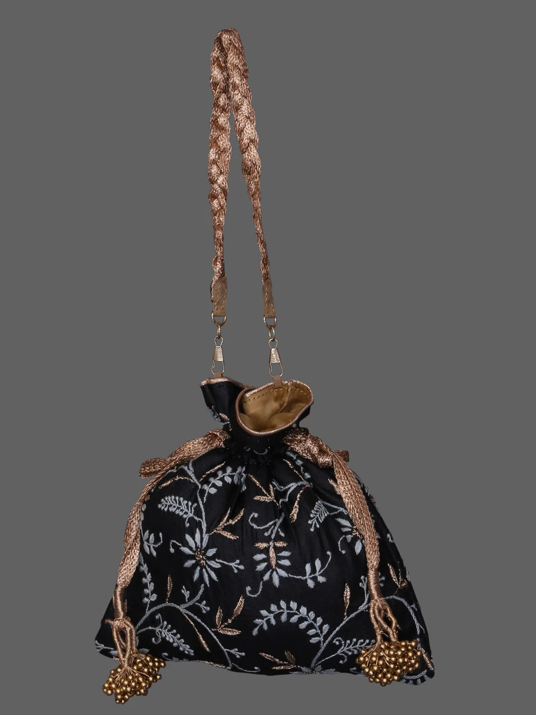 Ada Hand Embroidered Matte Black Silk Lucknowi Chikankari Potli Bag With Zari Work 01A410764