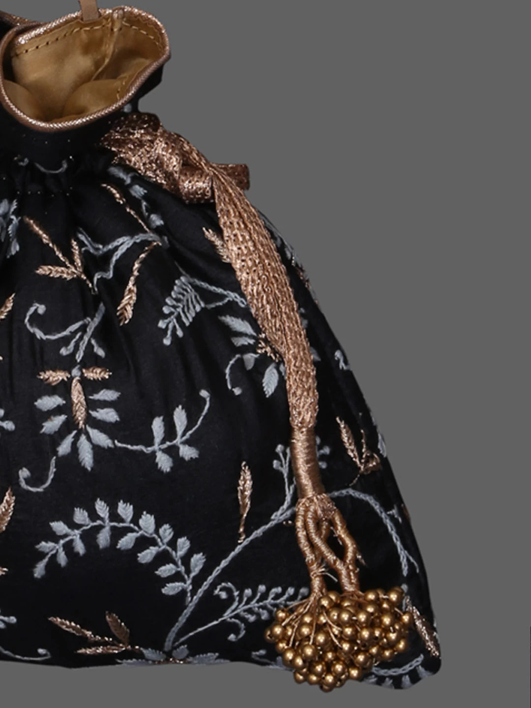 Ada Hand Embroidered Matte Black Silk Lucknowi Chikankari Potli Bag With Zari Work 01A410764