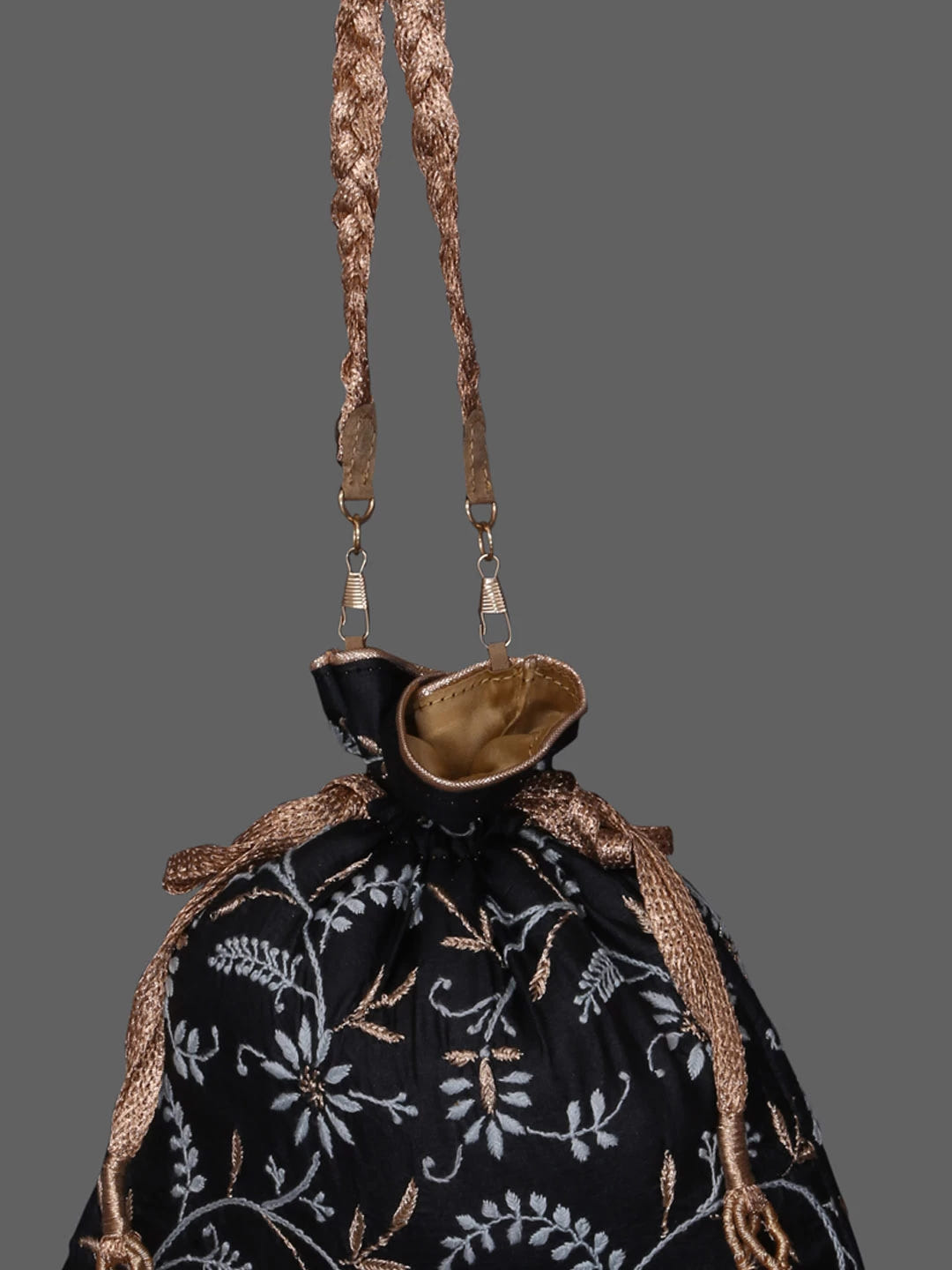 Ada Hand Embroidered Matte Black Silk Lucknowi Chikankari Potli Bag With Zari Work 01A410764