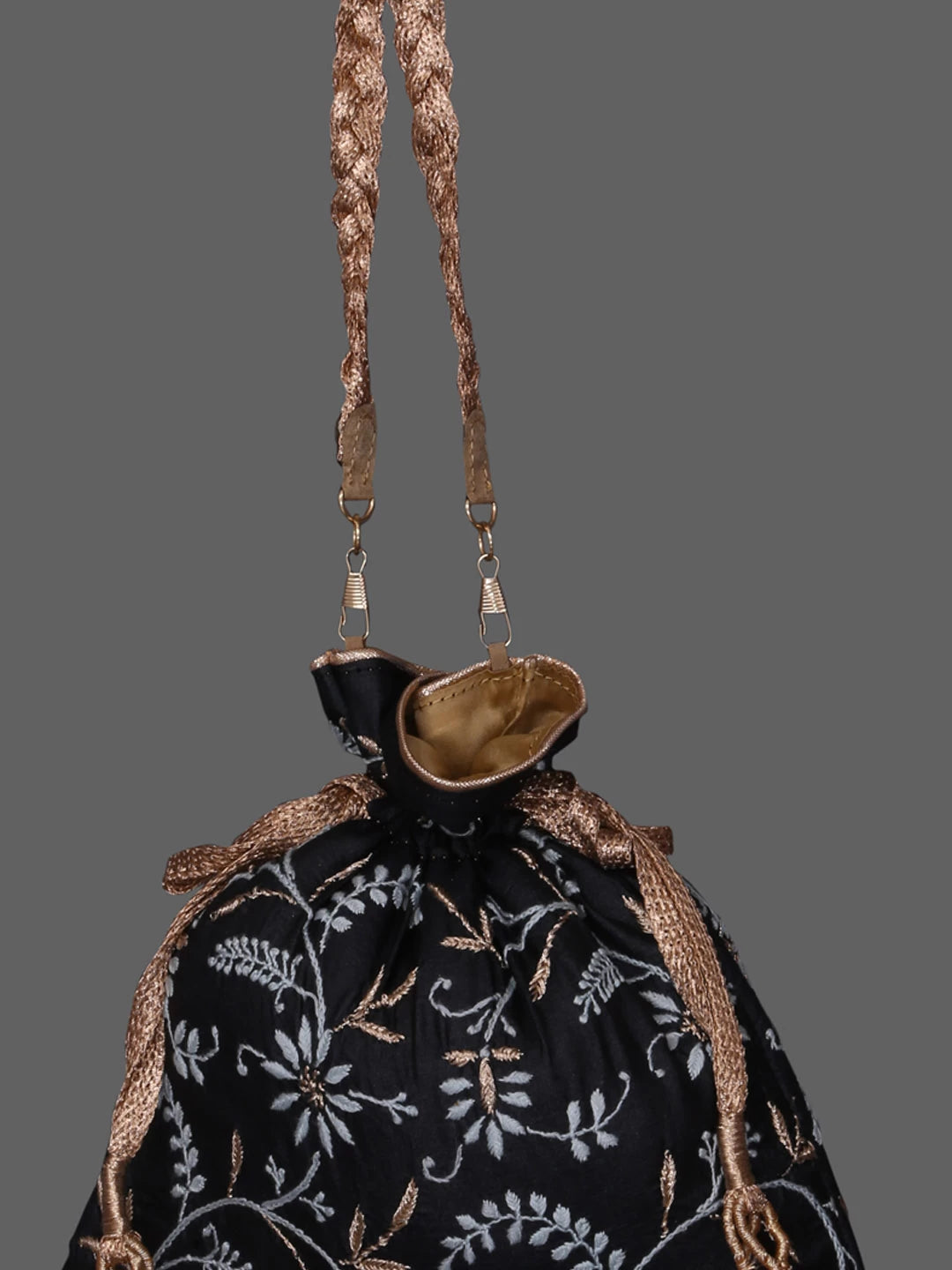 Ada Hand Embroidered Matte Black Silk Lucknowi Chikankari Potli Bag With Zari Work 01A410764