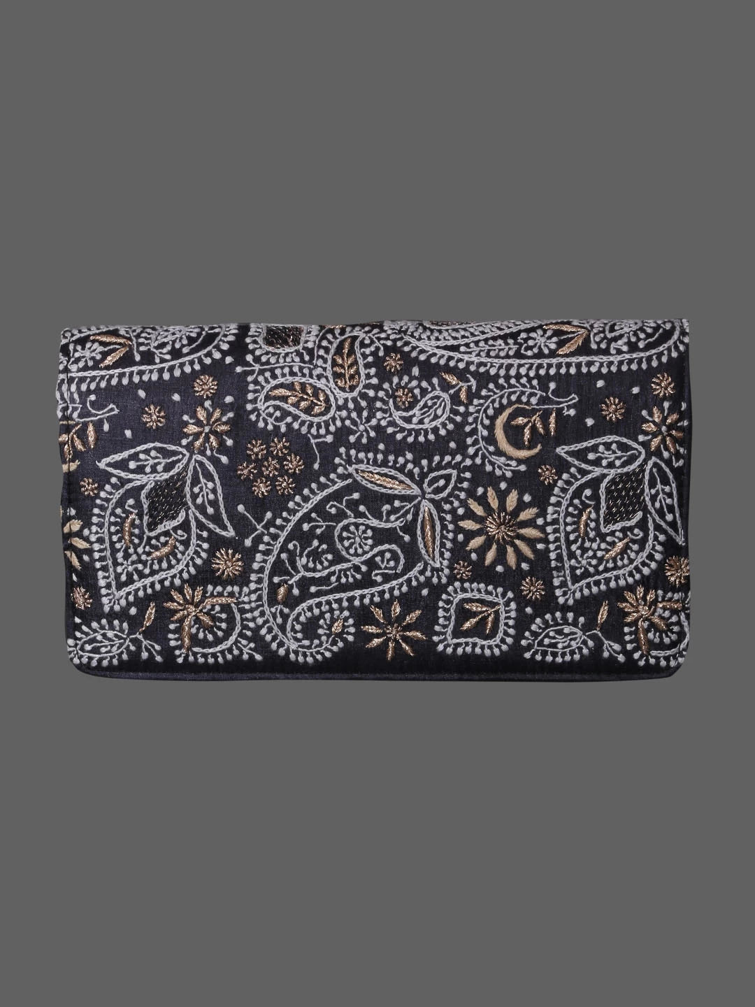 Ada Hand Embroidered Jed Black Silk Lucknowi Chikankari Clutch With Zari Work 01A393668