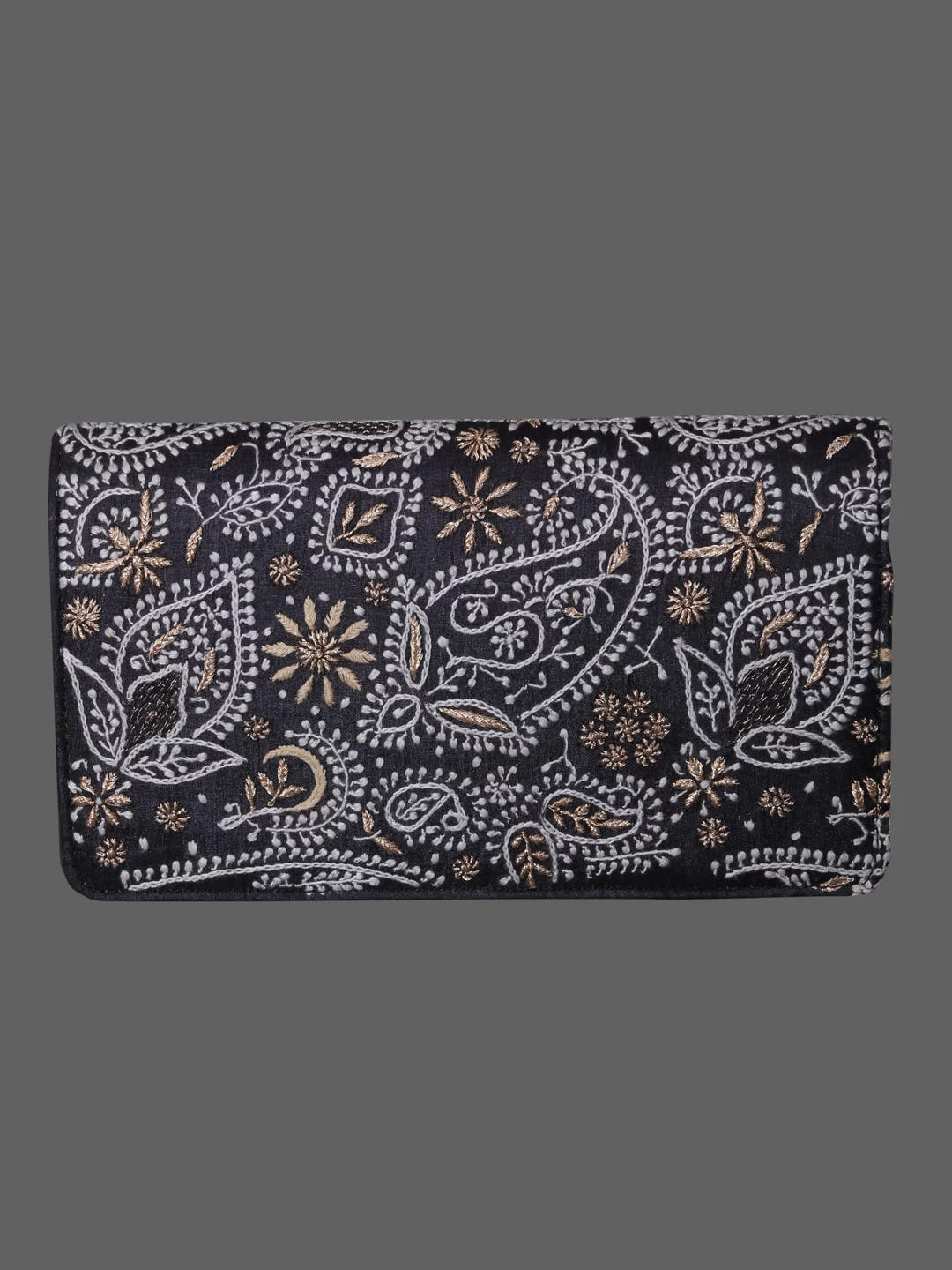 Ada Hand Embroidered Jed Black Silk Lucknowi Chikankari Clutch With Zari Work 01A393668