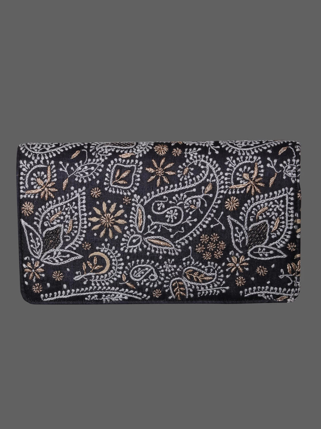 Ada Hand Embroidered Jed Black Silk Lucknowi Chikankari Clutch With Zari Work 01A393668