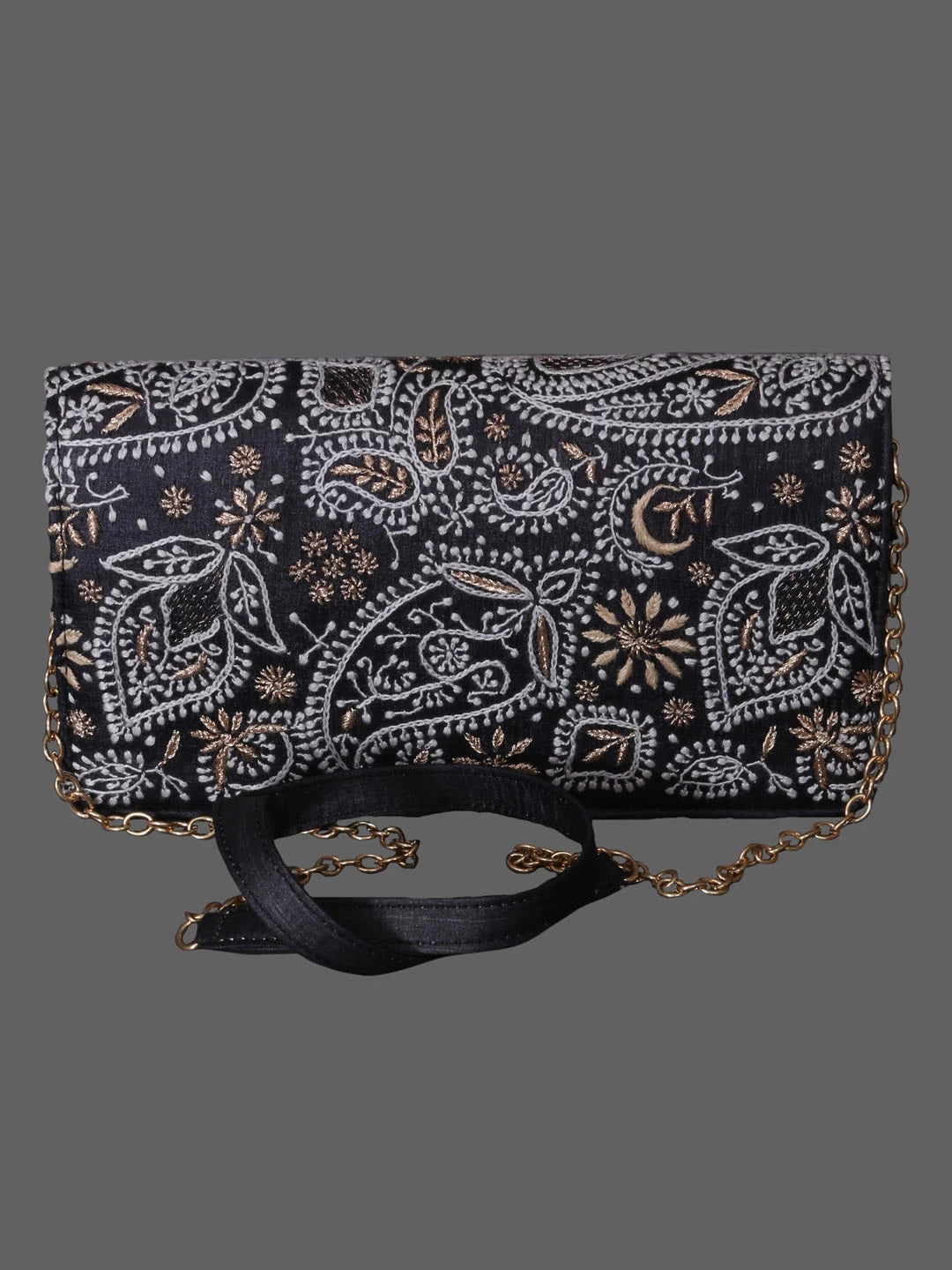 Ada Hand Embroidered Jed Black Silk Lucknowi Chikankari Clutch With Zari Work 01A393668