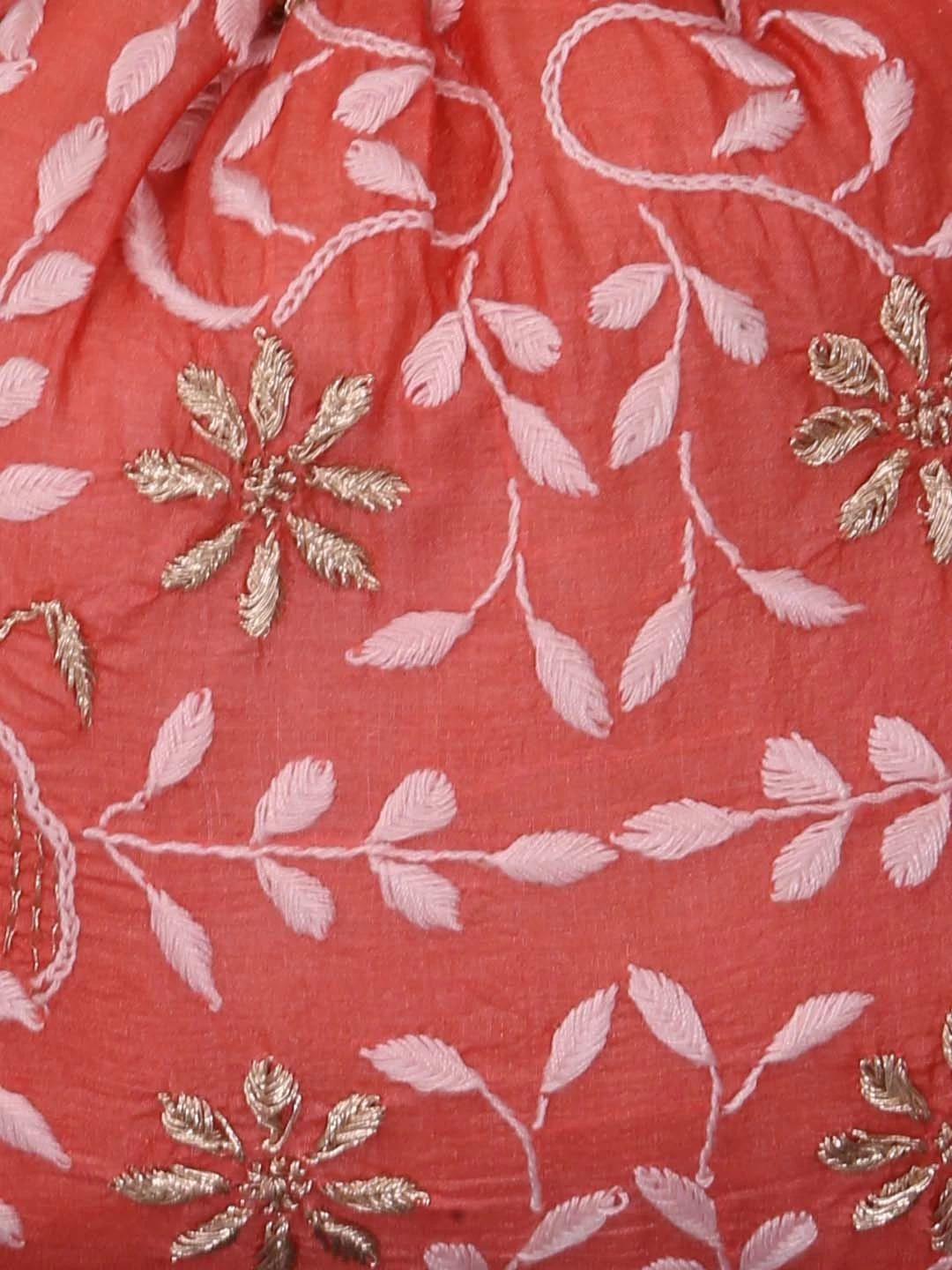 Ada Hand Embroidered Coral Pink Silk Lucknowi Chikankari Potli Bag With Zari Work 01A410766