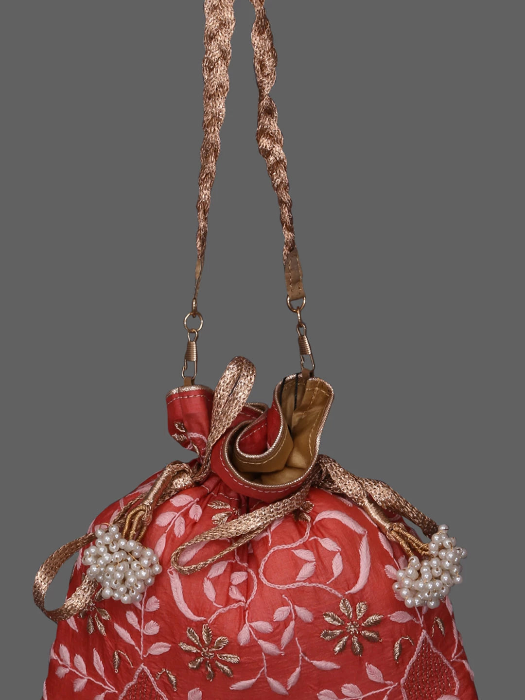 Ada Hand Embroidered Coral Pink Silk Lucknowi Chikankari Potli Bag With Zari Work 01A410766