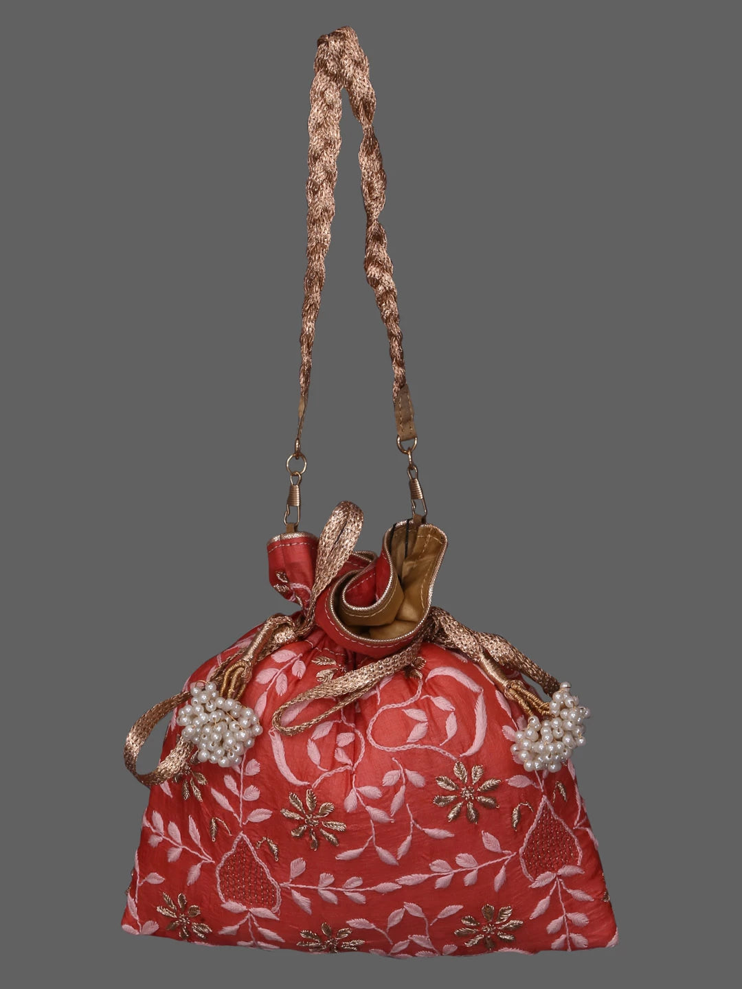 Ada Hand Embroidered Coral Pink Silk Lucknowi Chikankari Potli Bag With Zari Work 01A410766