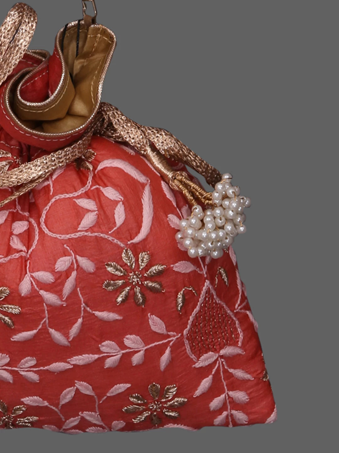 Ada Hand Embroidered Coral Pink Silk Lucknowi Chikankari Potli Bag With Zari Work 01A410766
