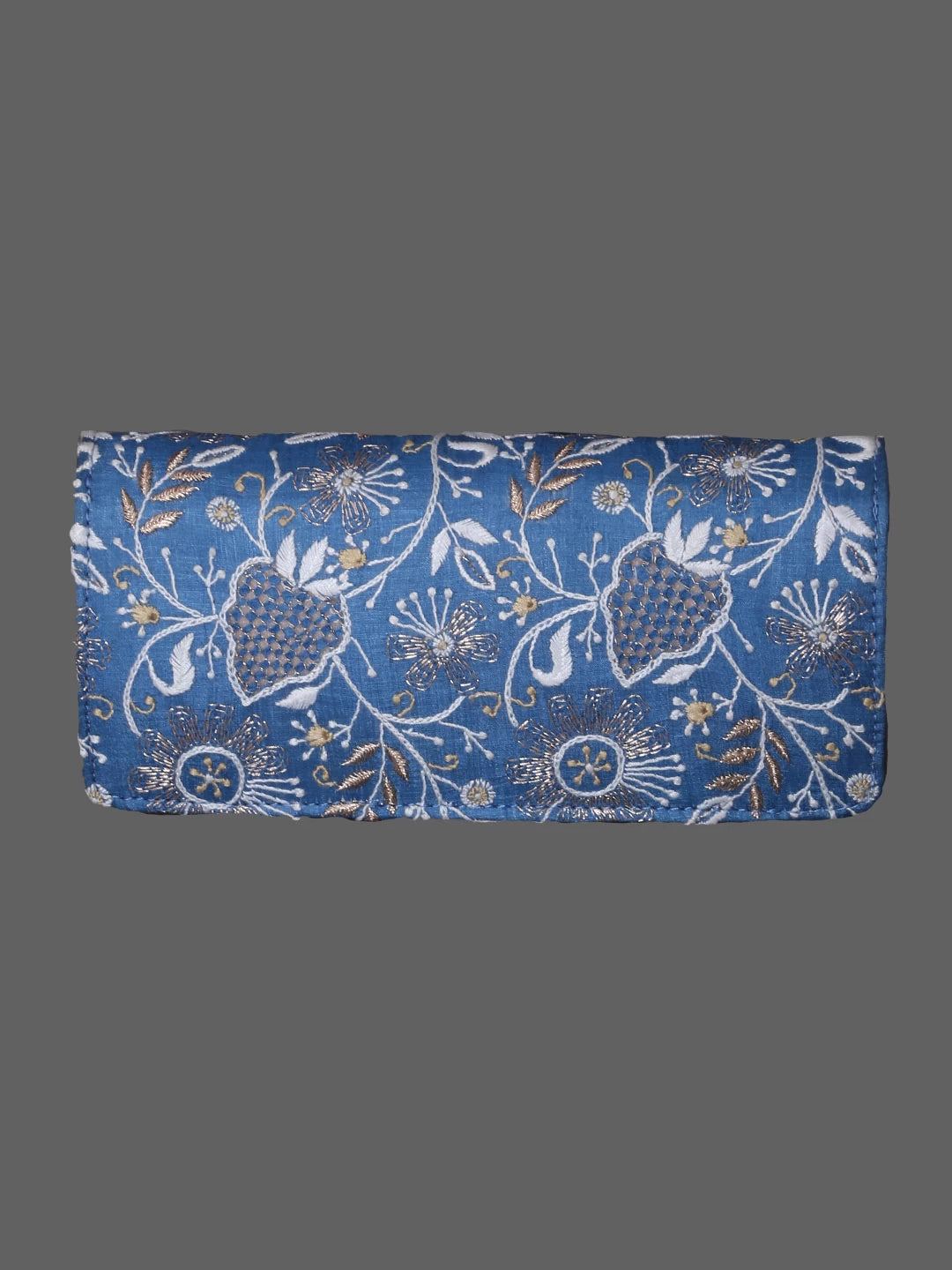 Ada Hand Embroidered Celadon Blue Silk Lucknowi Chikankari Clutch With Zari Work 01A410804