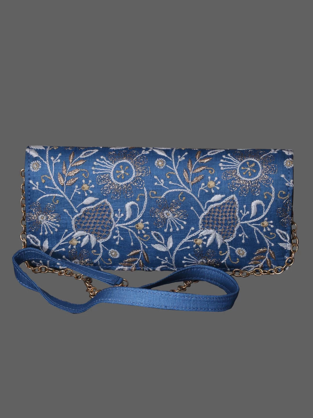 Ada Hand Embroidered Celadon Blue Silk Lucknowi Chikankari Clutch With Zari Work 01A410804