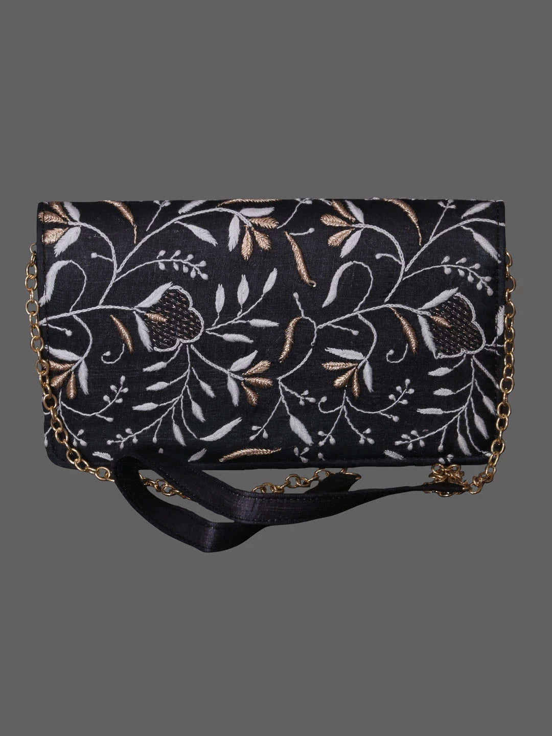 Ada Hand Embroidered Jed Black Silk Lucknowi Chikankari Clutch With Zari Work 01A410771