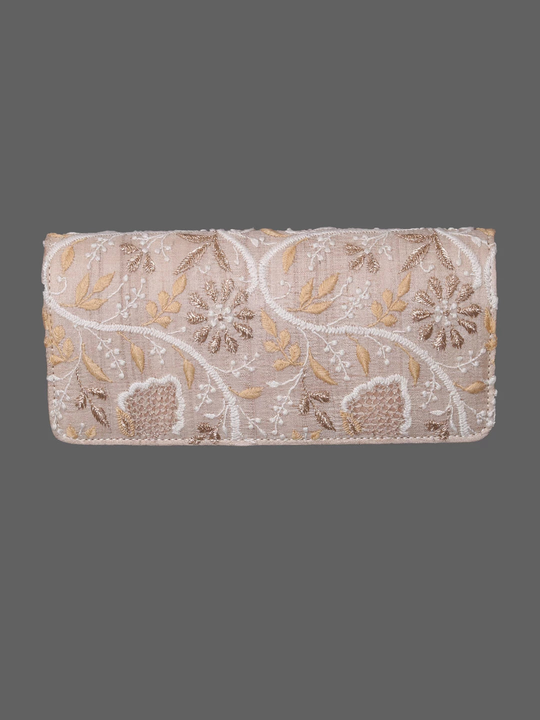 Ada Hand Embroidered Fawn Silk Lucknowi Chikankari Clutch With Zari Work 01A410809