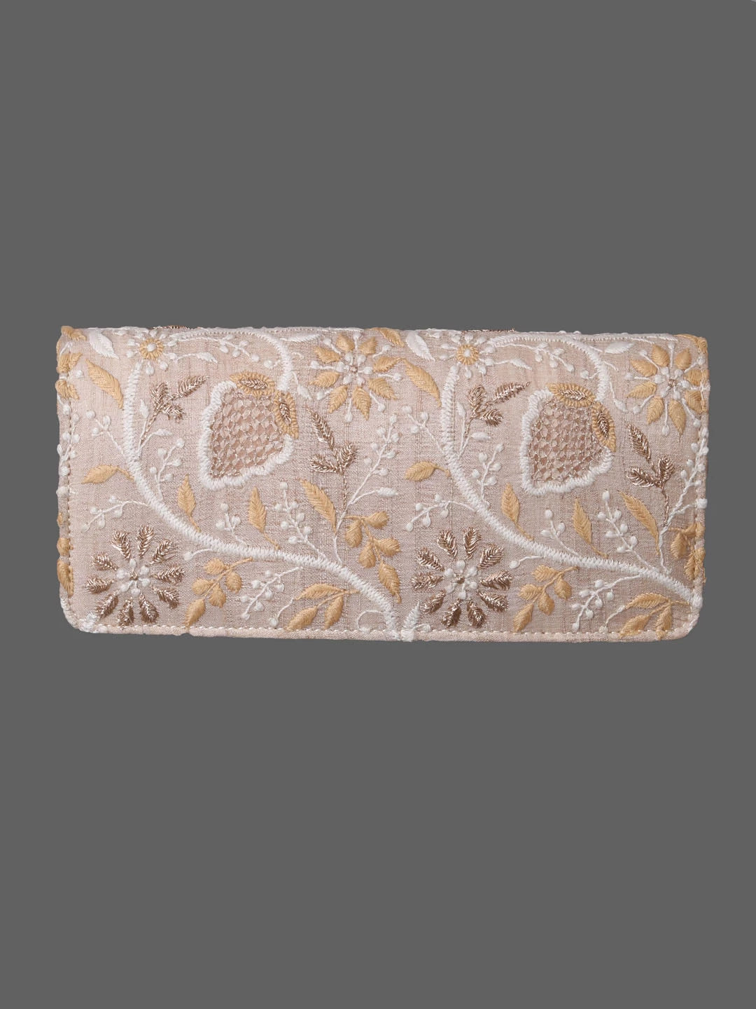 Ada Hand Embroidered Fawn Silk Lucknowi Chikankari Clutch With Zari Work 01A410809