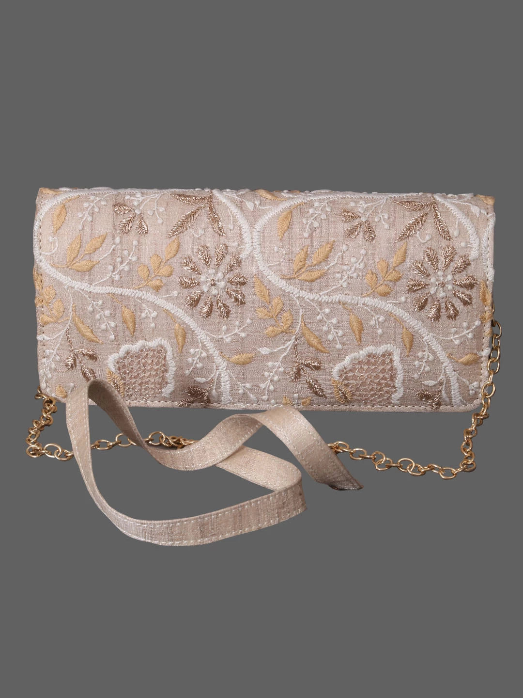 Ada Hand Embroidered Fawn Silk Lucknowi Chikankari Clutch With Zari Work 01A410809