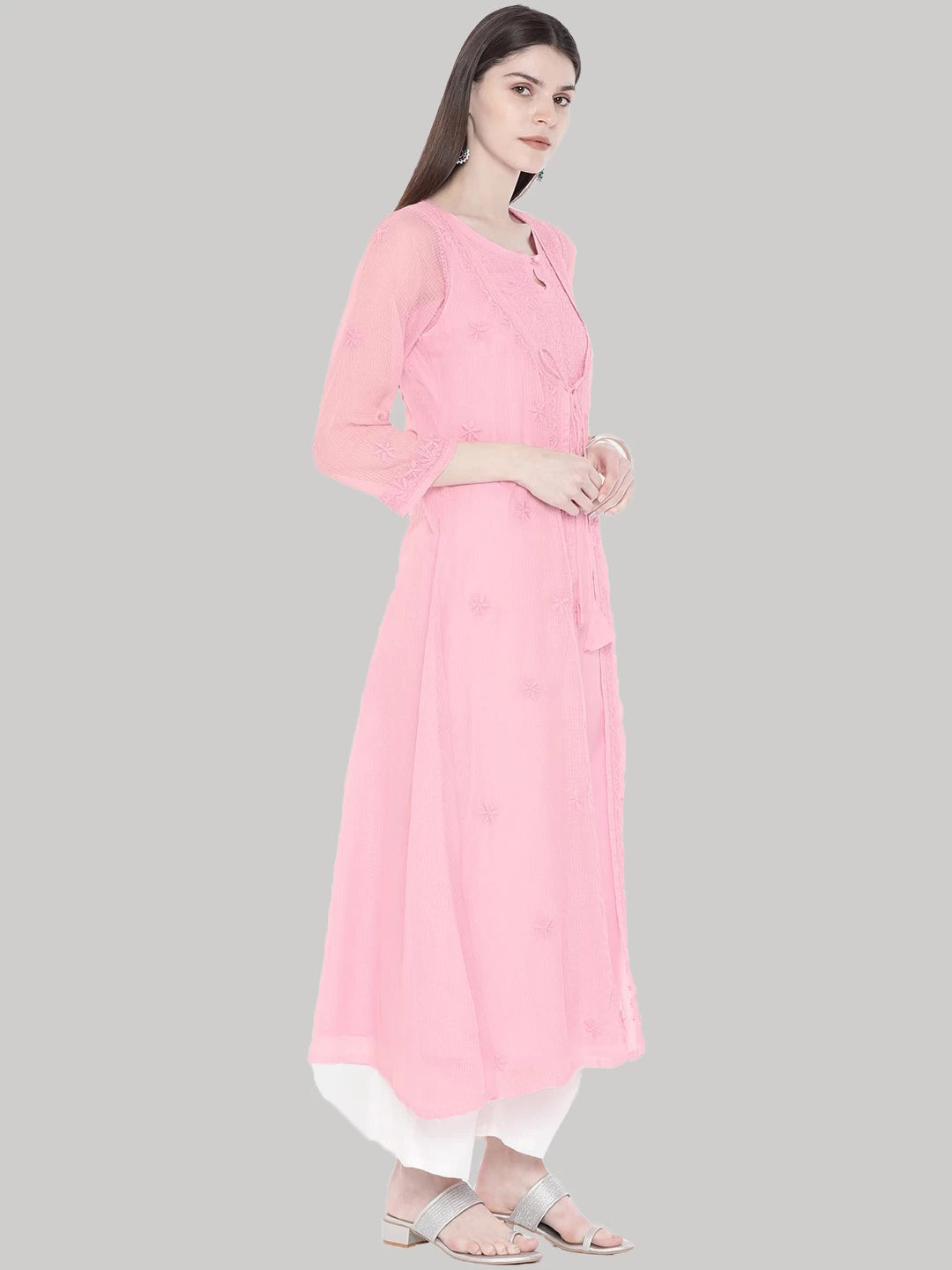 Ada Hand Embroidered Pink Kota Lucknowi Chikankari A-Line Kurta- A100212