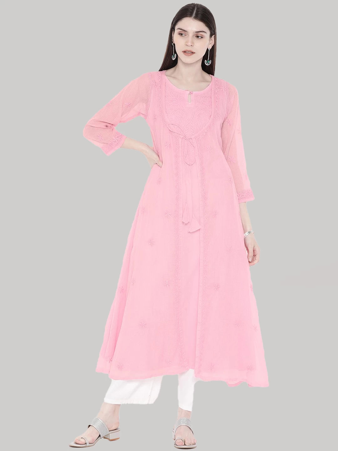 Ada Hand Embroidered Pink Kota Lucknowi Chikankari A-Line Kurta- A100212