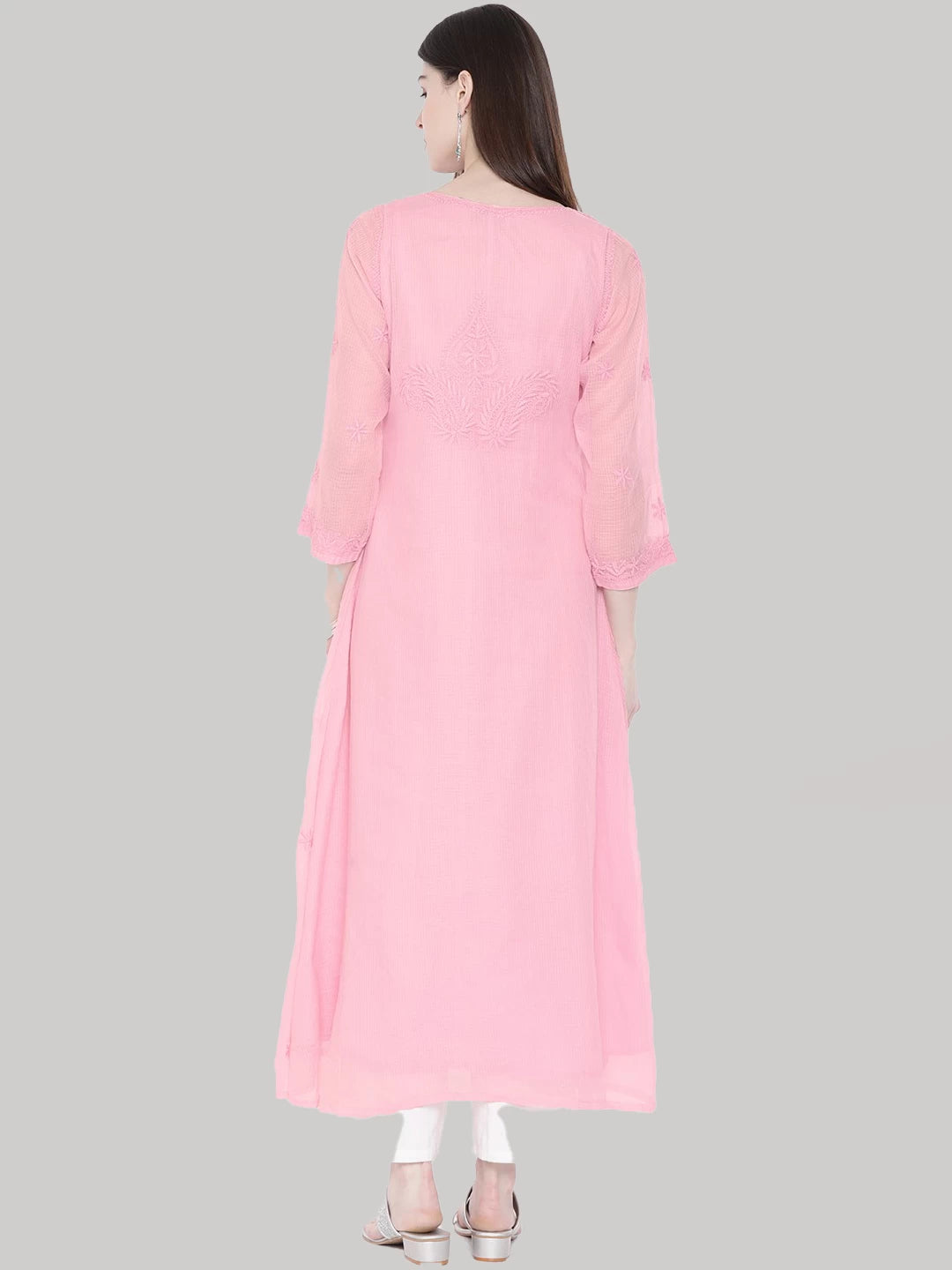 Ada Hand Embroidered Pink Kota Lucknowi Chikankari A-Line Kurta- A100212