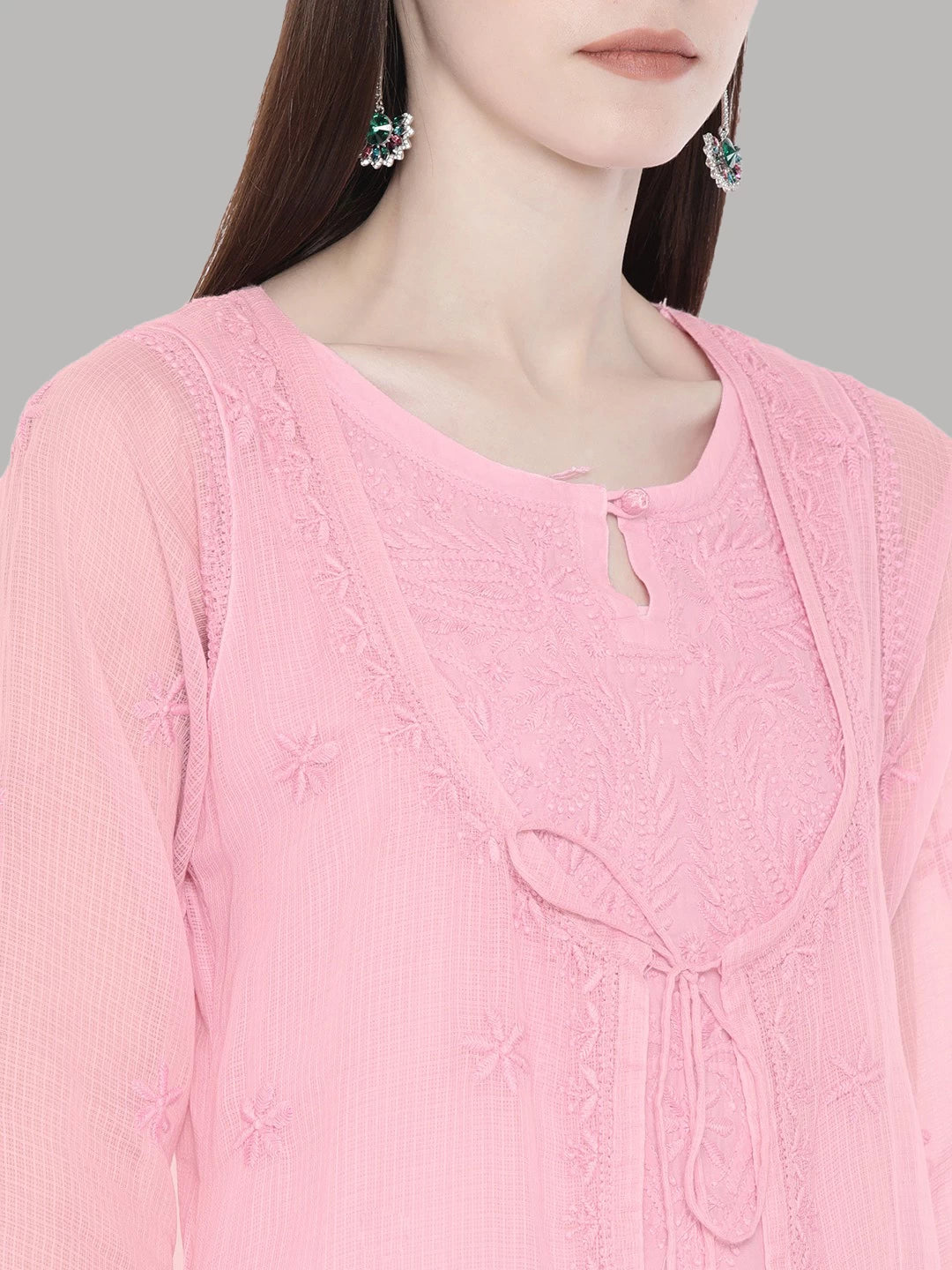 Ada Hand Embroidered Pink Kota Lucknowi Chikankari A-Line Kurta- A100212