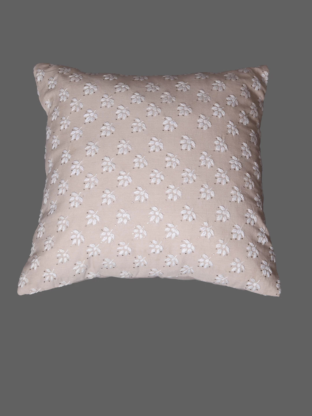 Ada Hand Embroidered Fawn Cotton Lucknowi Chikankari Cushion Cover With Muqaish Work 01A345502